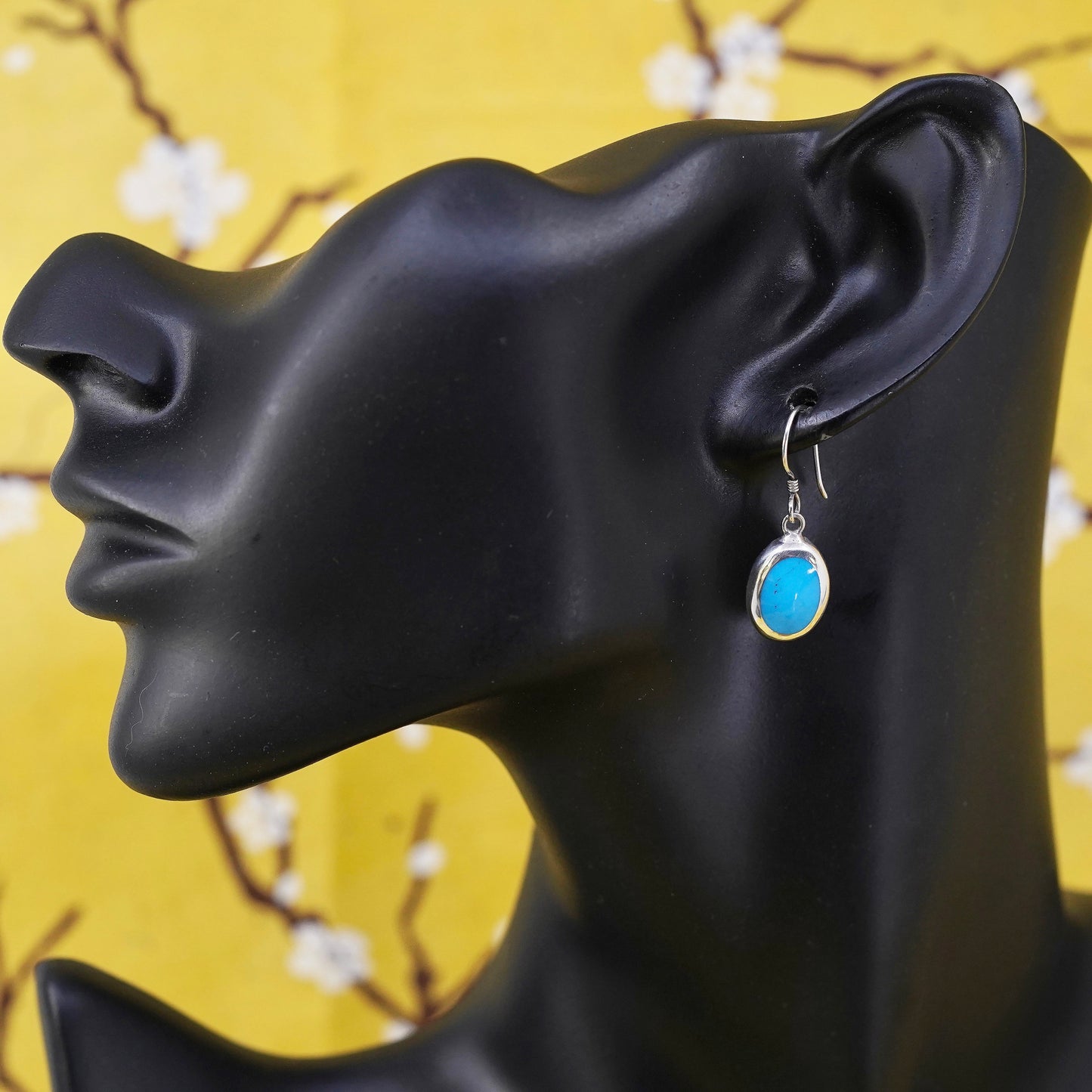 Vintage Sterling 925 silver handmade earrings with oval blue onyx inlay