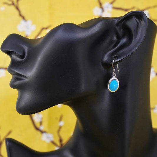 Vintage Sterling 925 silver handmade earrings with oval blue onyx inlay