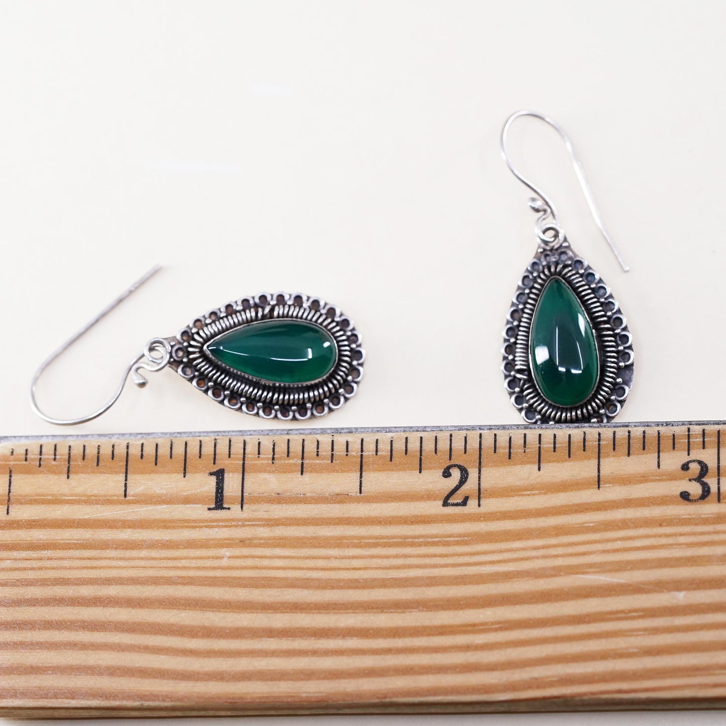 Vintage sterling 925 silver handmade earrings with teardrop jade