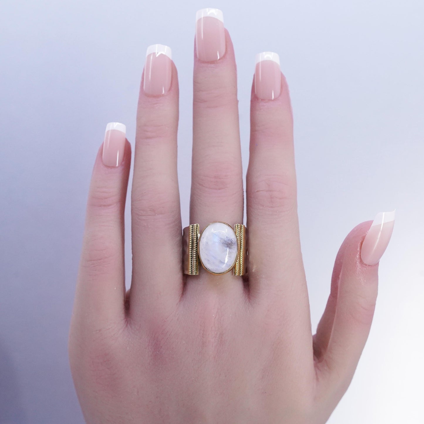 Size 9.25, vintage Indian YS two tone Sterling 925 silver ring oval moonstone