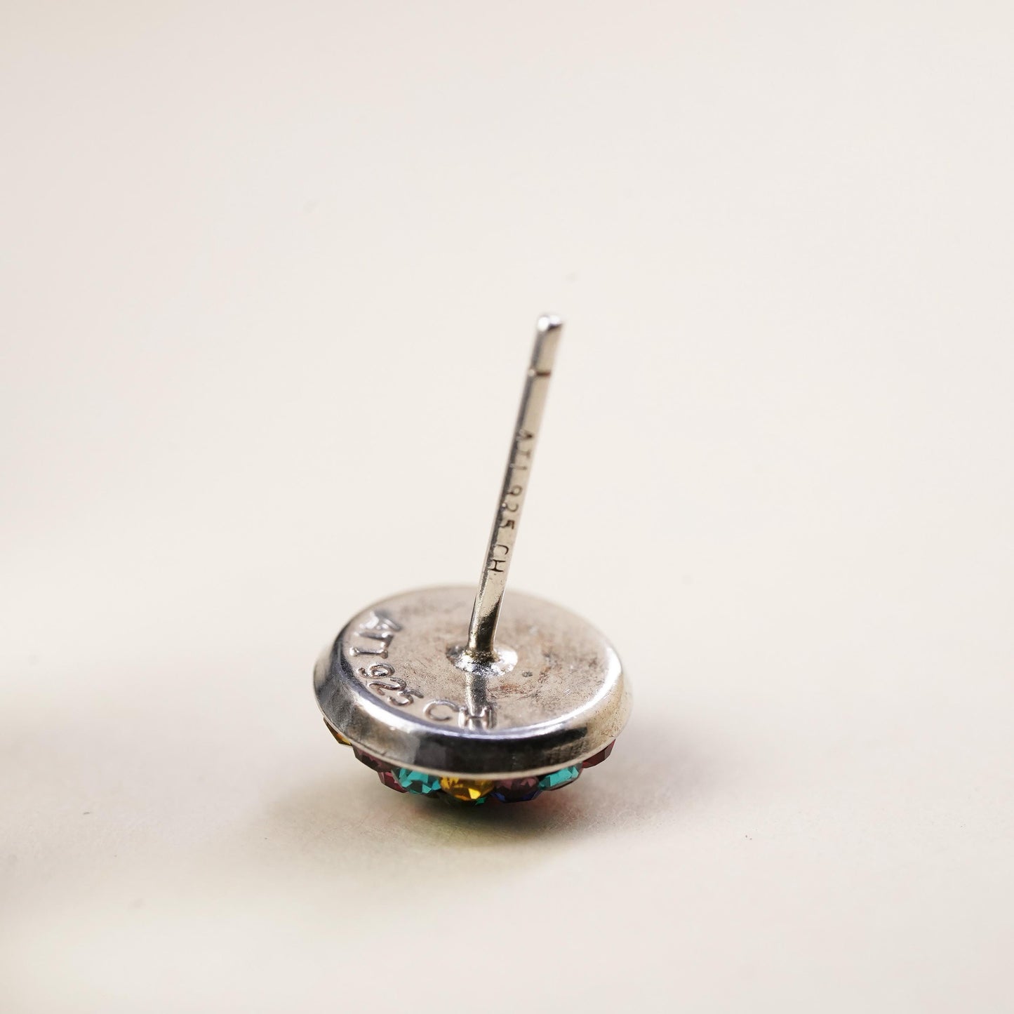 Vintage handmade single earring. Sterling 925 silver rainbow cz stud