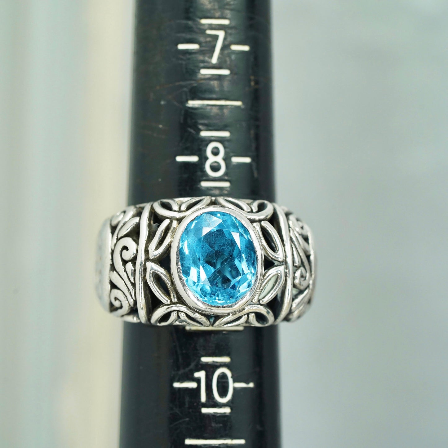 Size 9, vintage Samuel Benham BJC Sterling 925 silver band ring with blue topaz