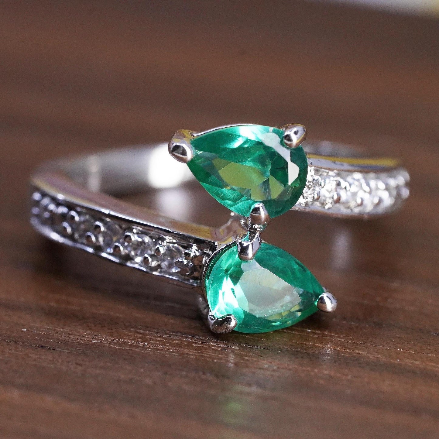 Size 6, VTG Emerald Diamond Bypass Toi et Moi Ring, Sterling Silver 925 Ring