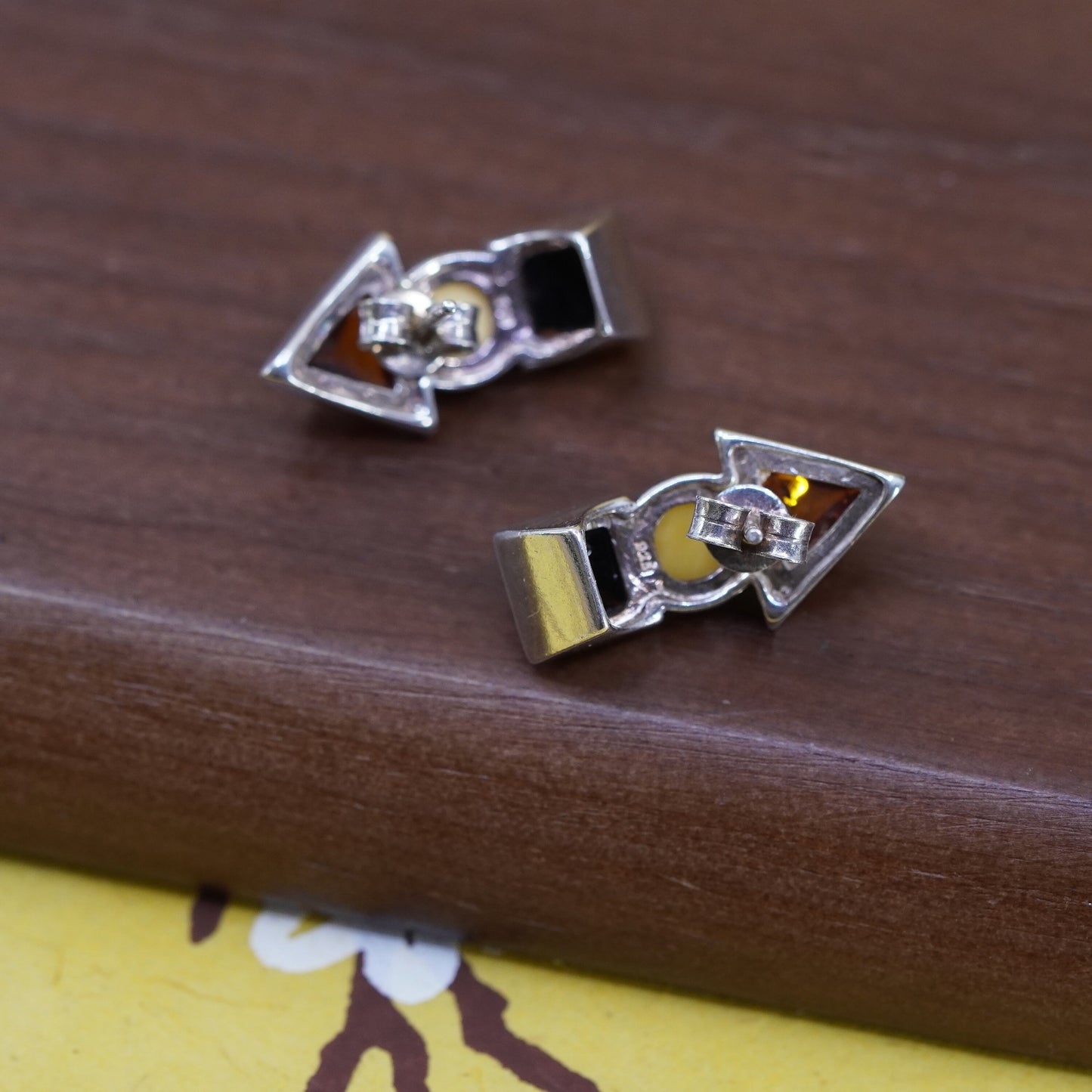 Vintage sterling 925 silver handmade studs earrings with amber inlay