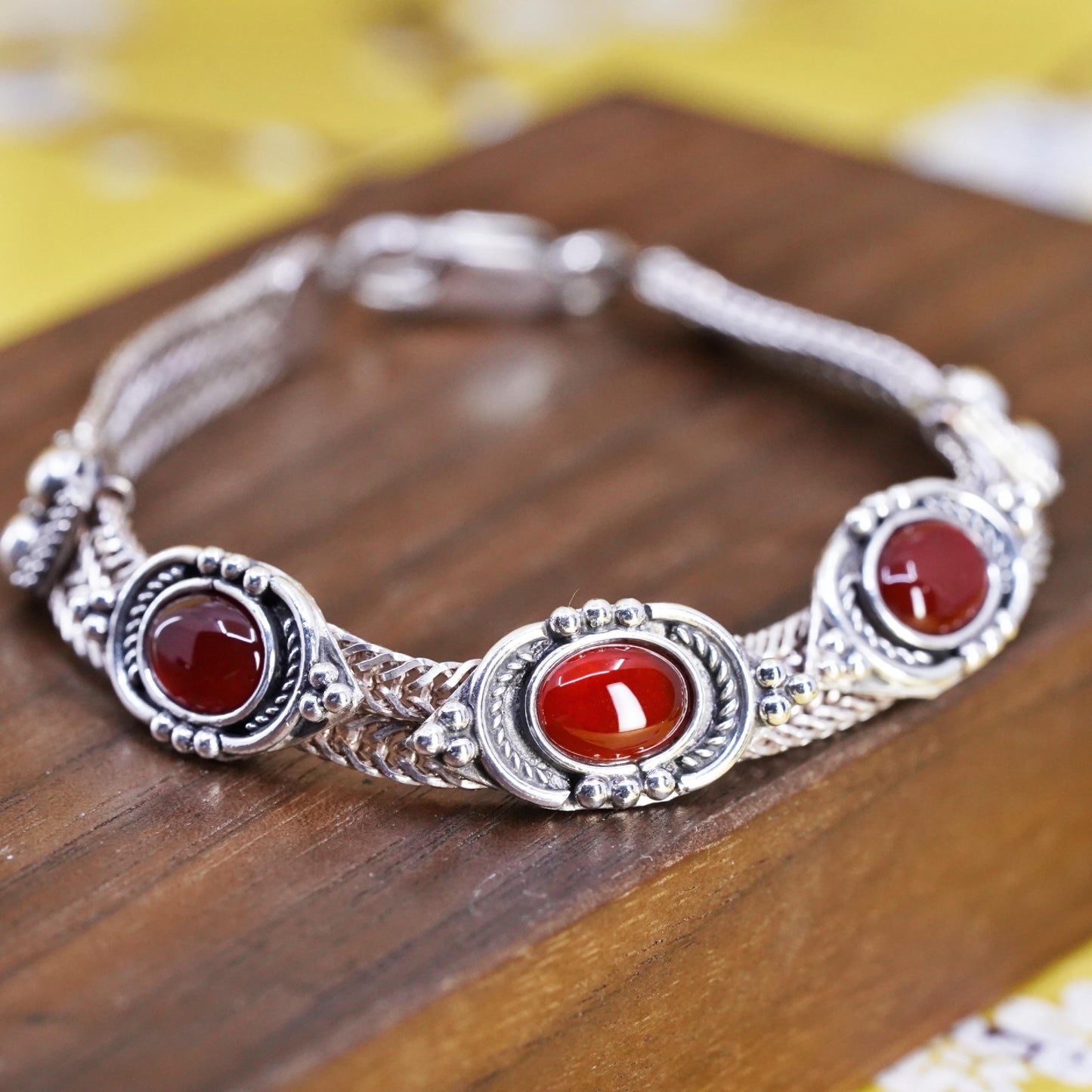 7”, VTG sterling silver bracelet, multi strands 925 wheat chain oval carnelian