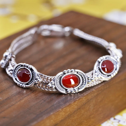7”, VTG sterling silver bracelet, multi strands 925 wheat chain oval carnelian