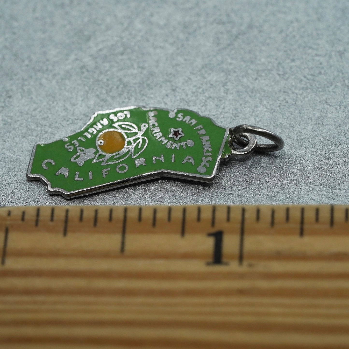 Vinatge Sterling 925 silver charm, green enamel California state tag