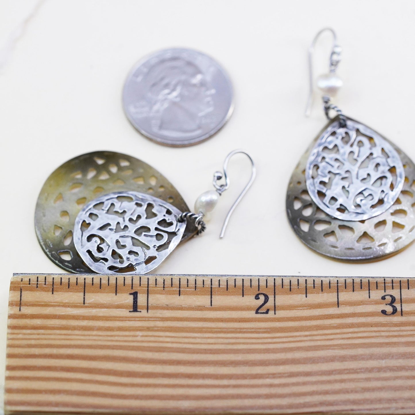 Retired Silpada Carved Shell Pearl 925 Sterling Silver Teardrop Earrings W1525
