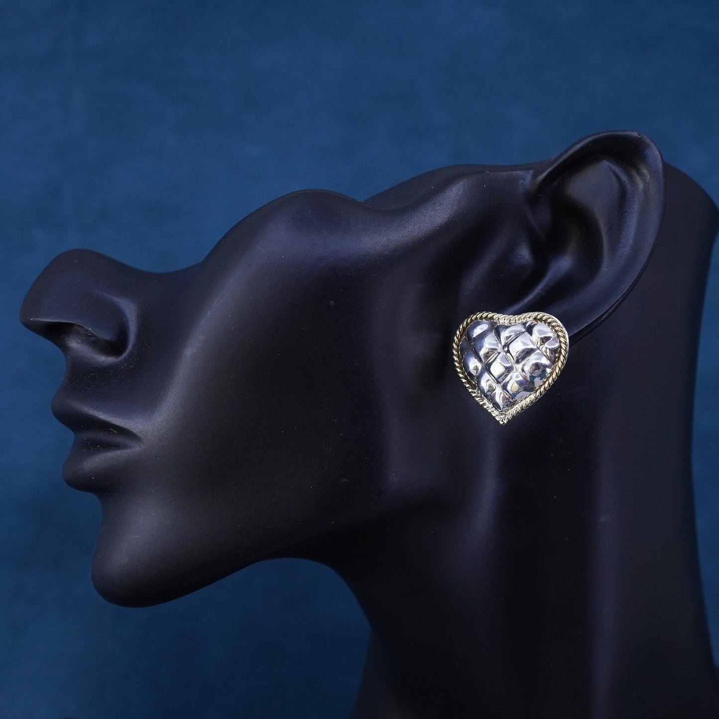Vintage two tone Sterling silver handmade earrings, puffy 925 heart studs brass