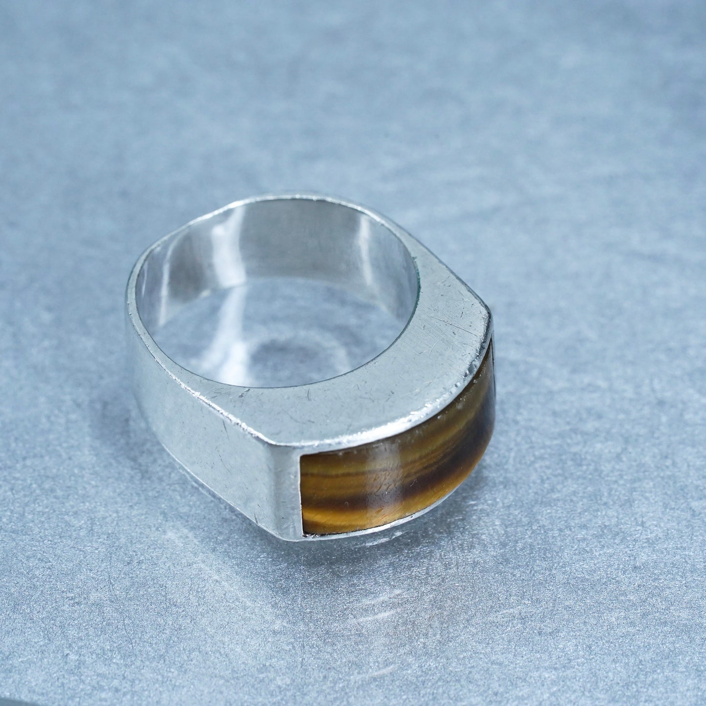 Size 6, vintage Sterling 925 silver handmade ring with golden tiger eye inlay
