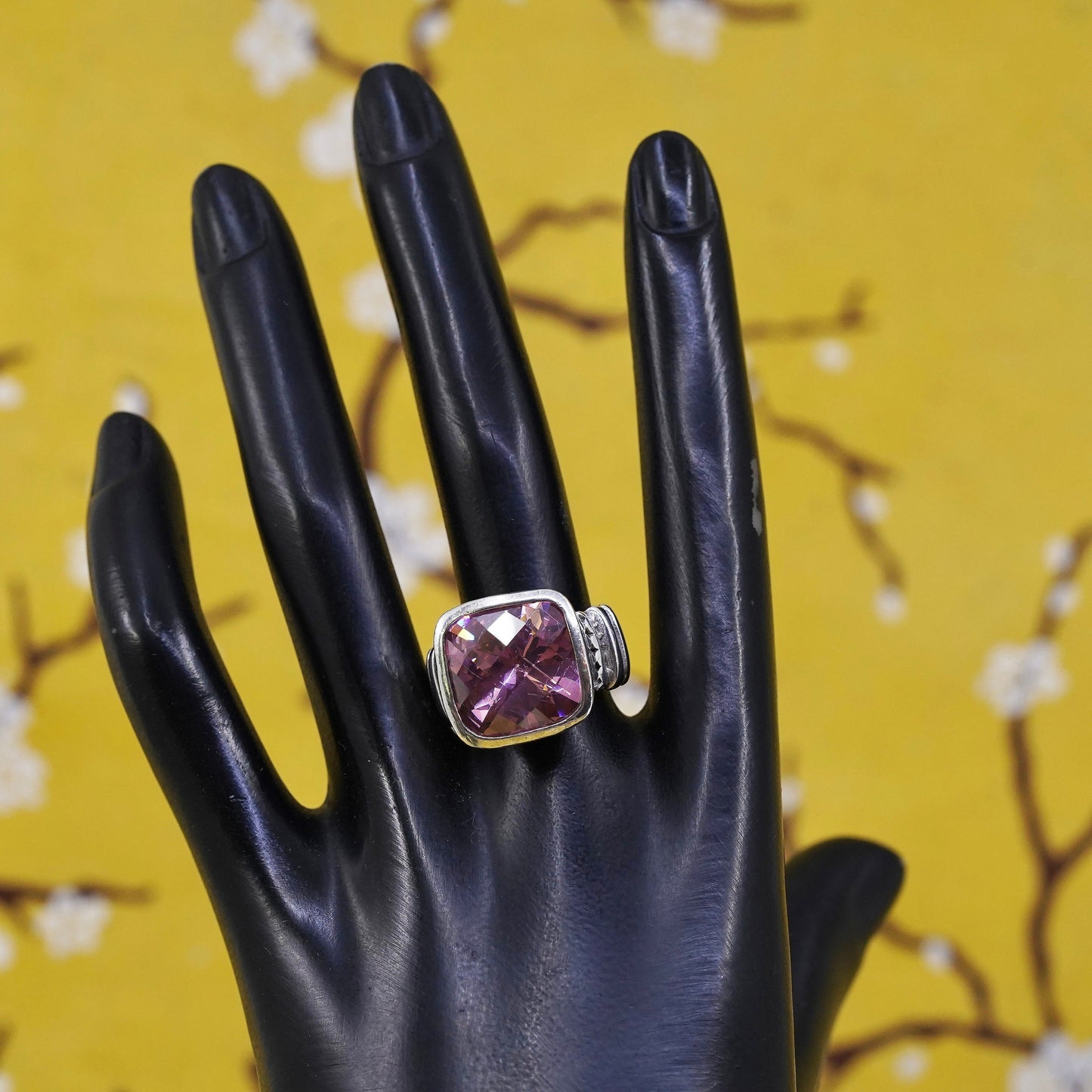 Size 9.25, Sterling 925 silver statement handmade cocktail ring pink crystal