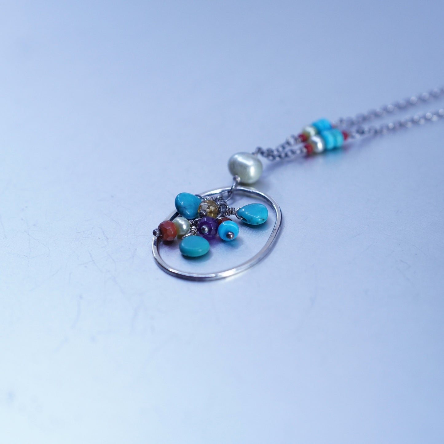 14+2”, Native American Sterling 925 circle silver necklace turquoise pendant