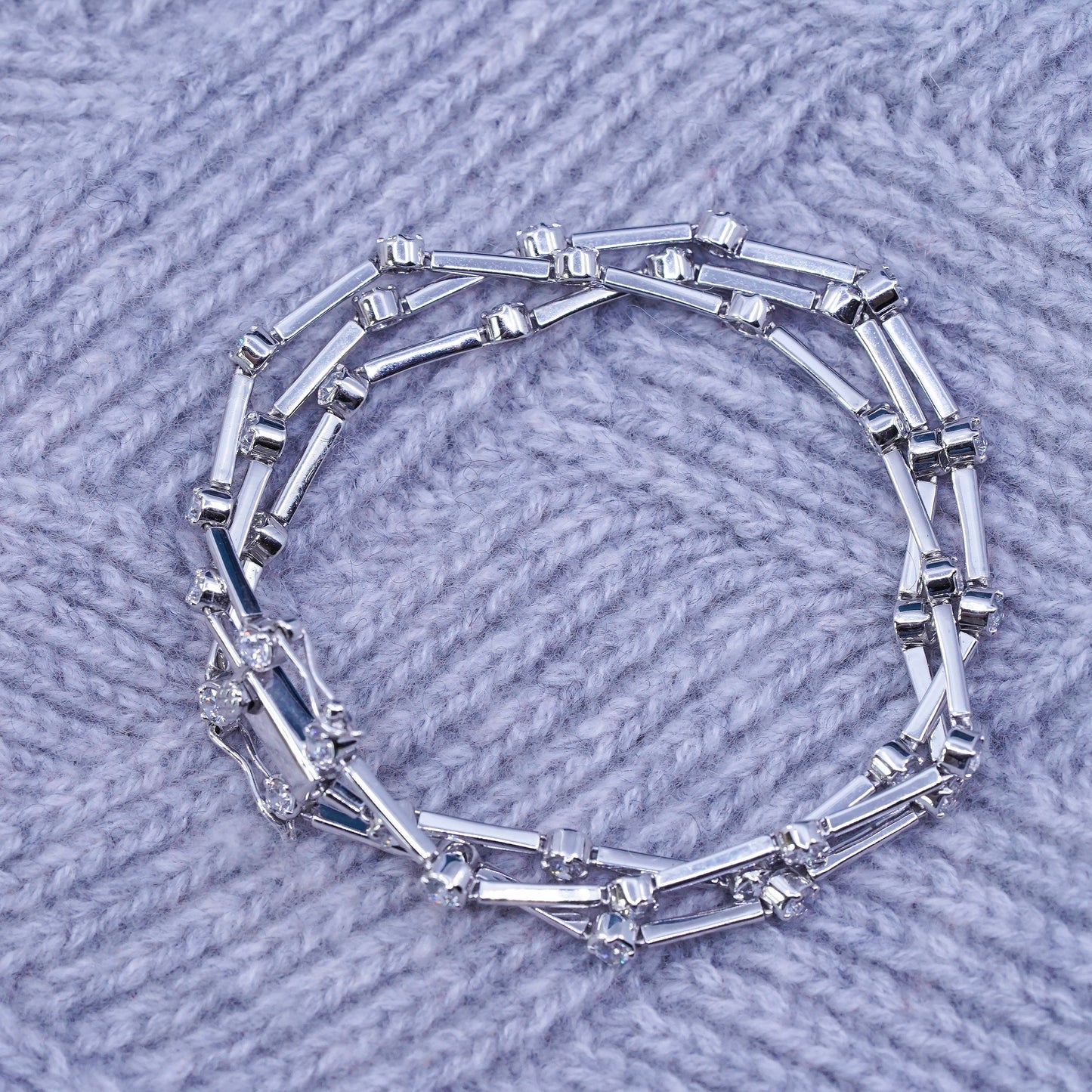 7.25", vintage Sterling 925 silver tennis multi strands bracelet with clear cz