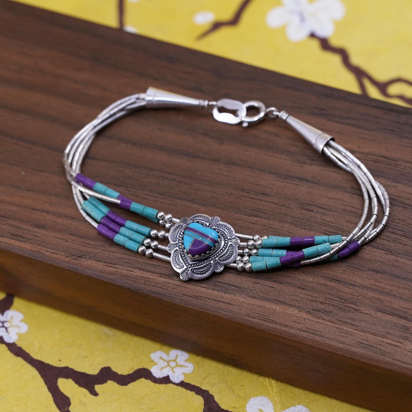6.75”, 925 bracelet, 5 multi strands liquid Silver chain with turquoise heart
