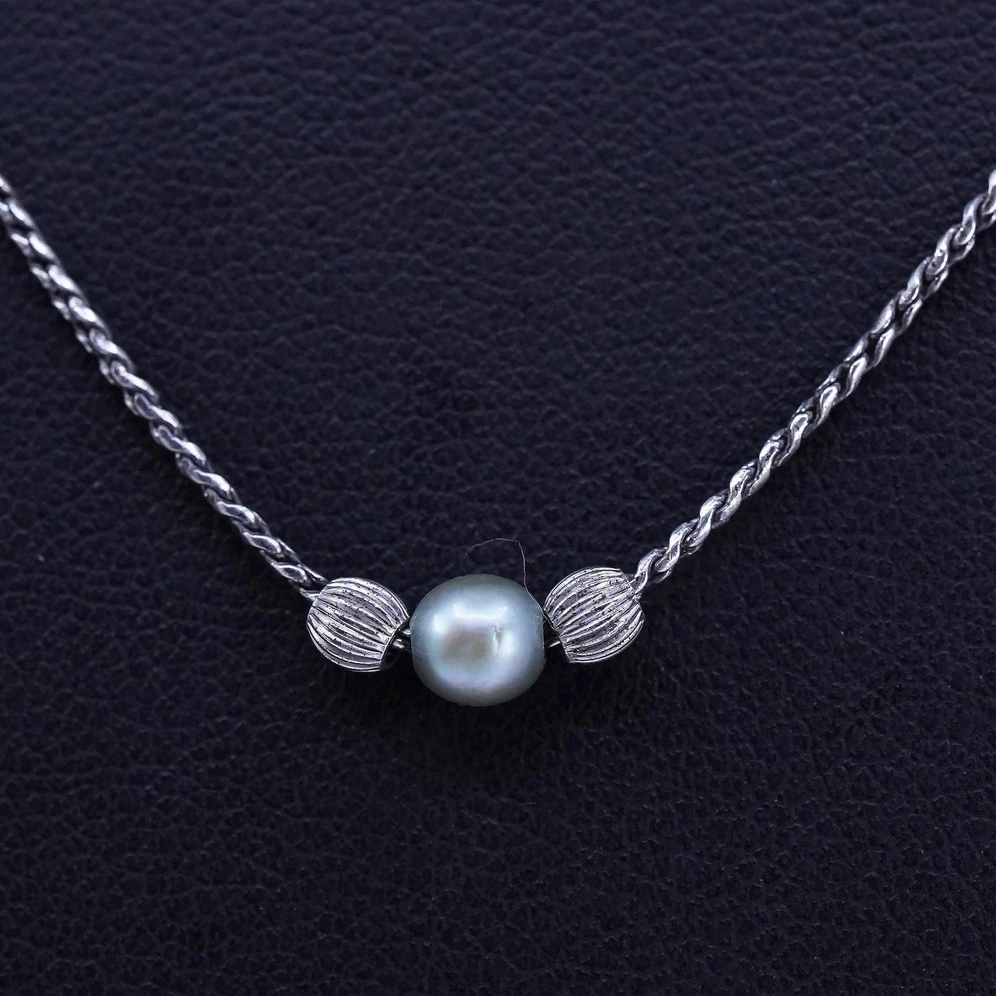 18”, vintage Sterling 925 silver handmade twisted S link necklace pearl pendant