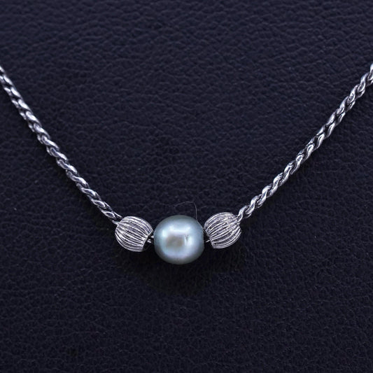 18”, vintage Sterling 925 silver handmade twisted S link necklace pearl pendant