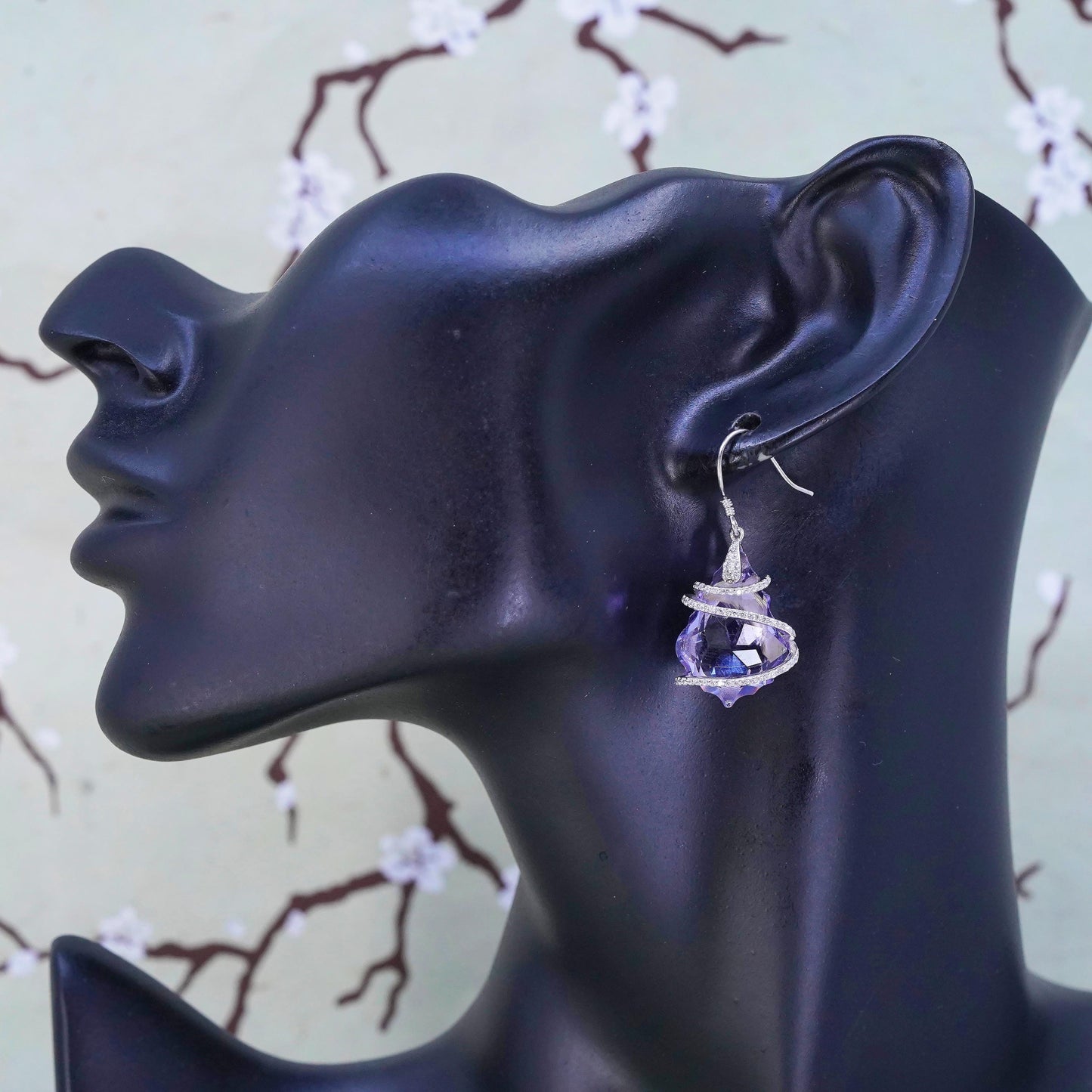 Vintage sterling 925 silver earrings with teardrop amethyst and crystal snake