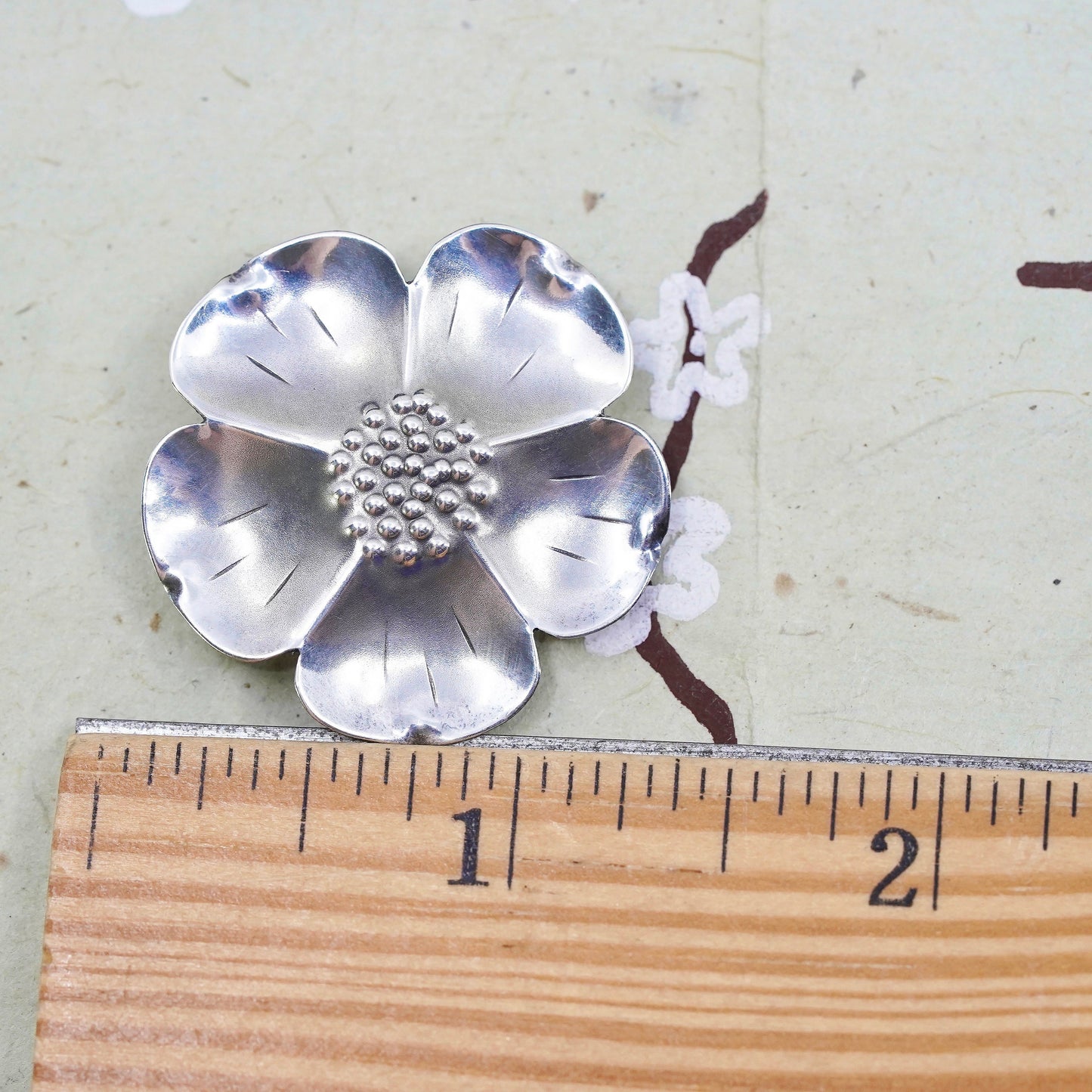 Vintage sterling silver dogwood flower shaped brooch, fine 925 silver brooch