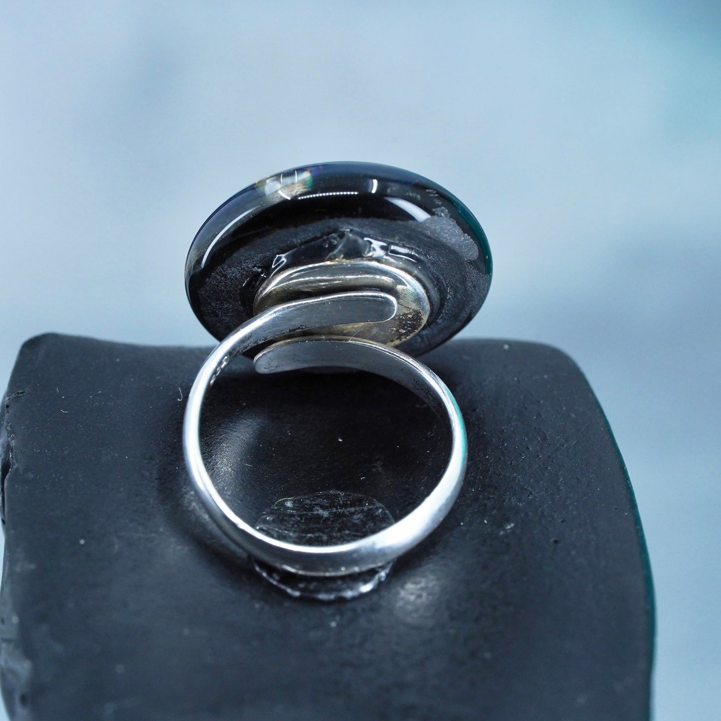 Size adjustable, Sterling 925 silver handmade cocktail ring w/ foiled glass