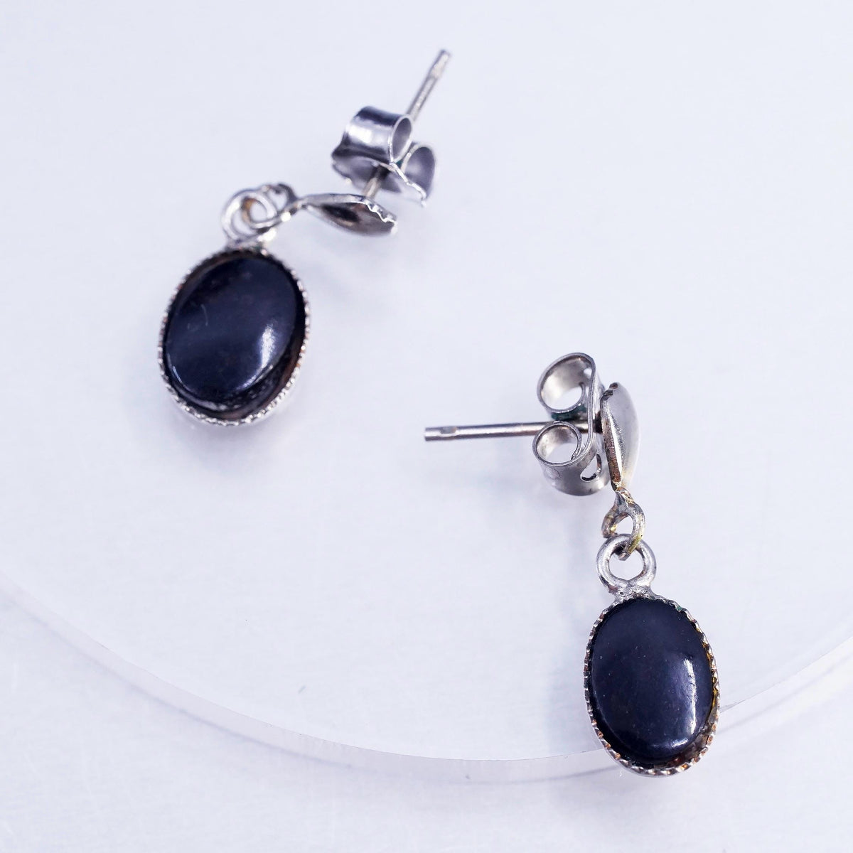Vintage Sterling 925 silver earrings with oval onyx beads