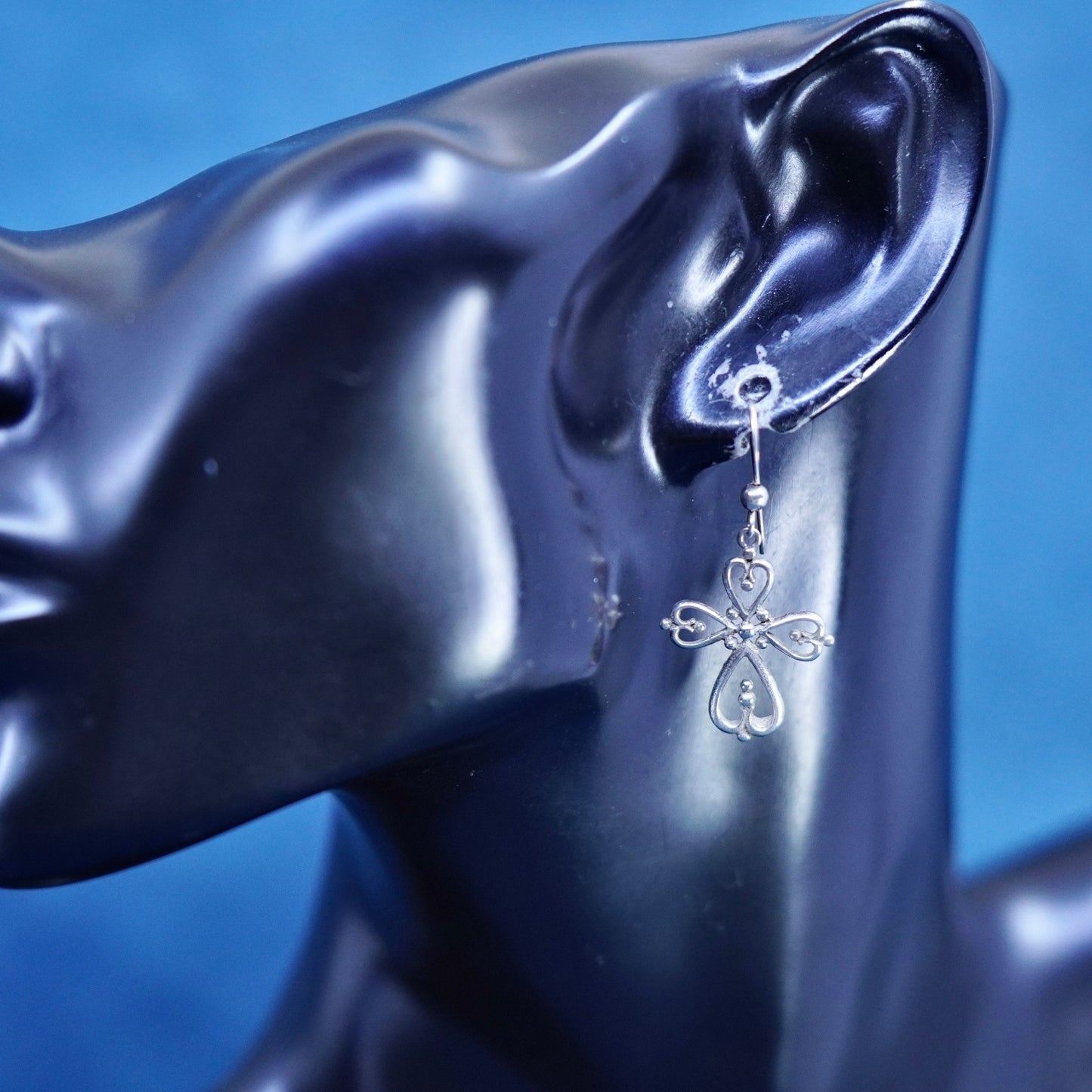 Vintage Sterling silver handmade earrings, 925 Bali filigree cross drops