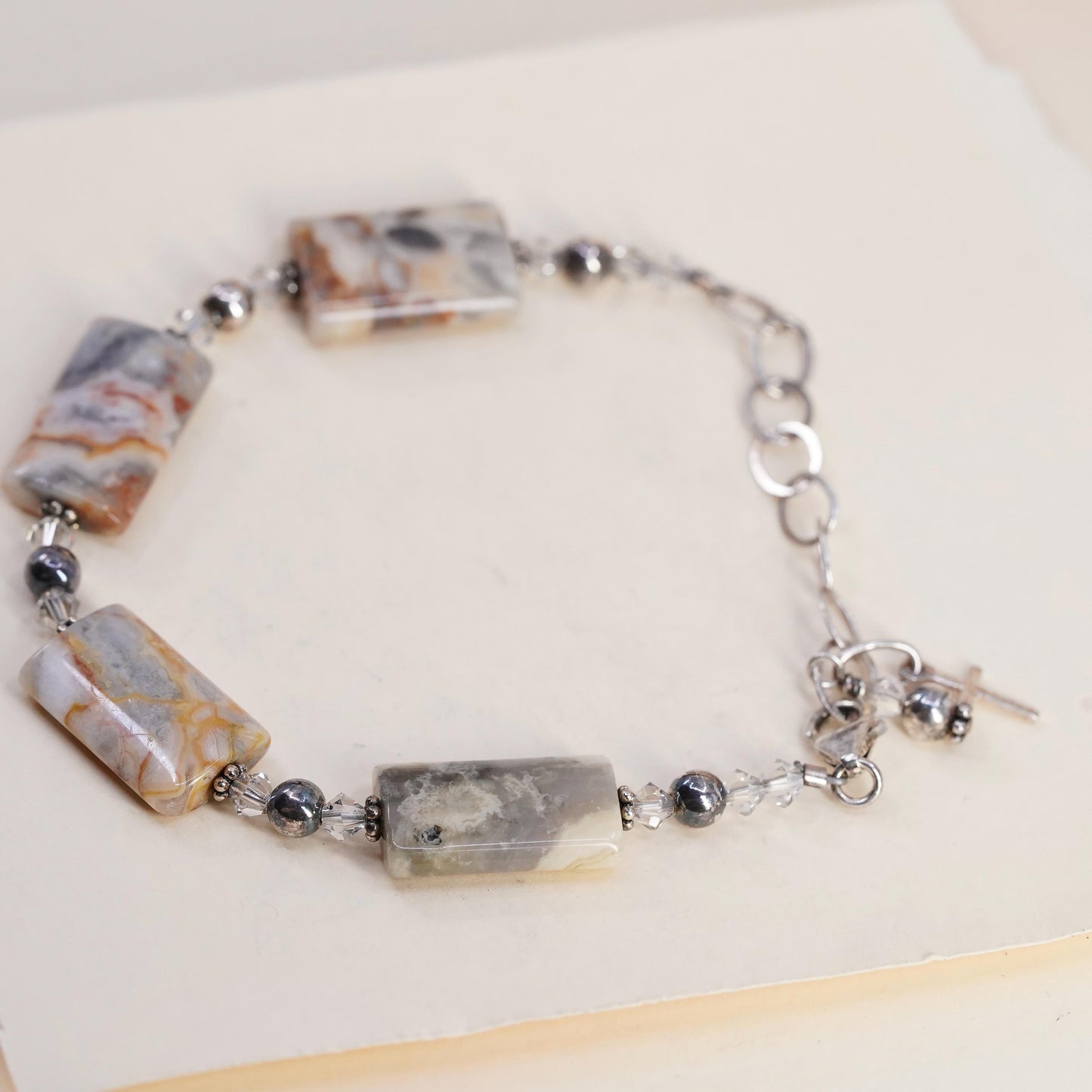 7+2", vintage Sterling 925 silver handmade bracelet with jasper links