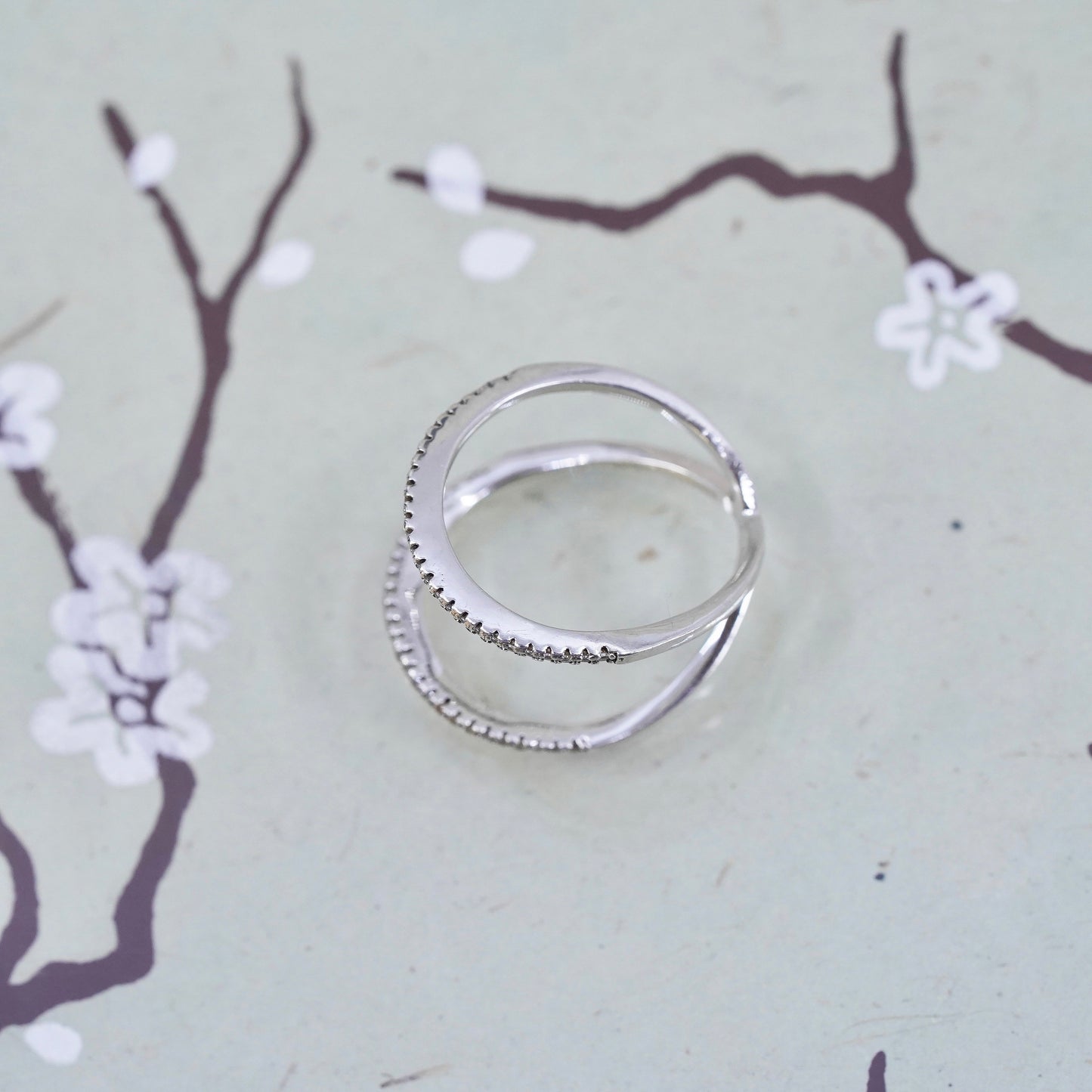 Size 7.5 Sterling silver statement ring, double band, 925 with cluster CZ
