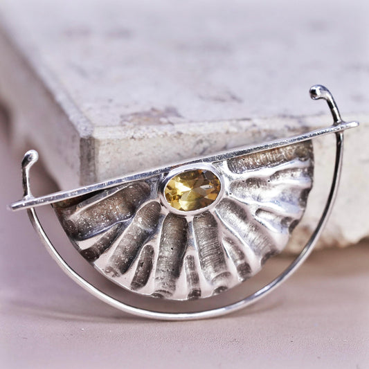VTG modernist designer Sterling silver handmade brooch, 925 wrinkly citrine pin