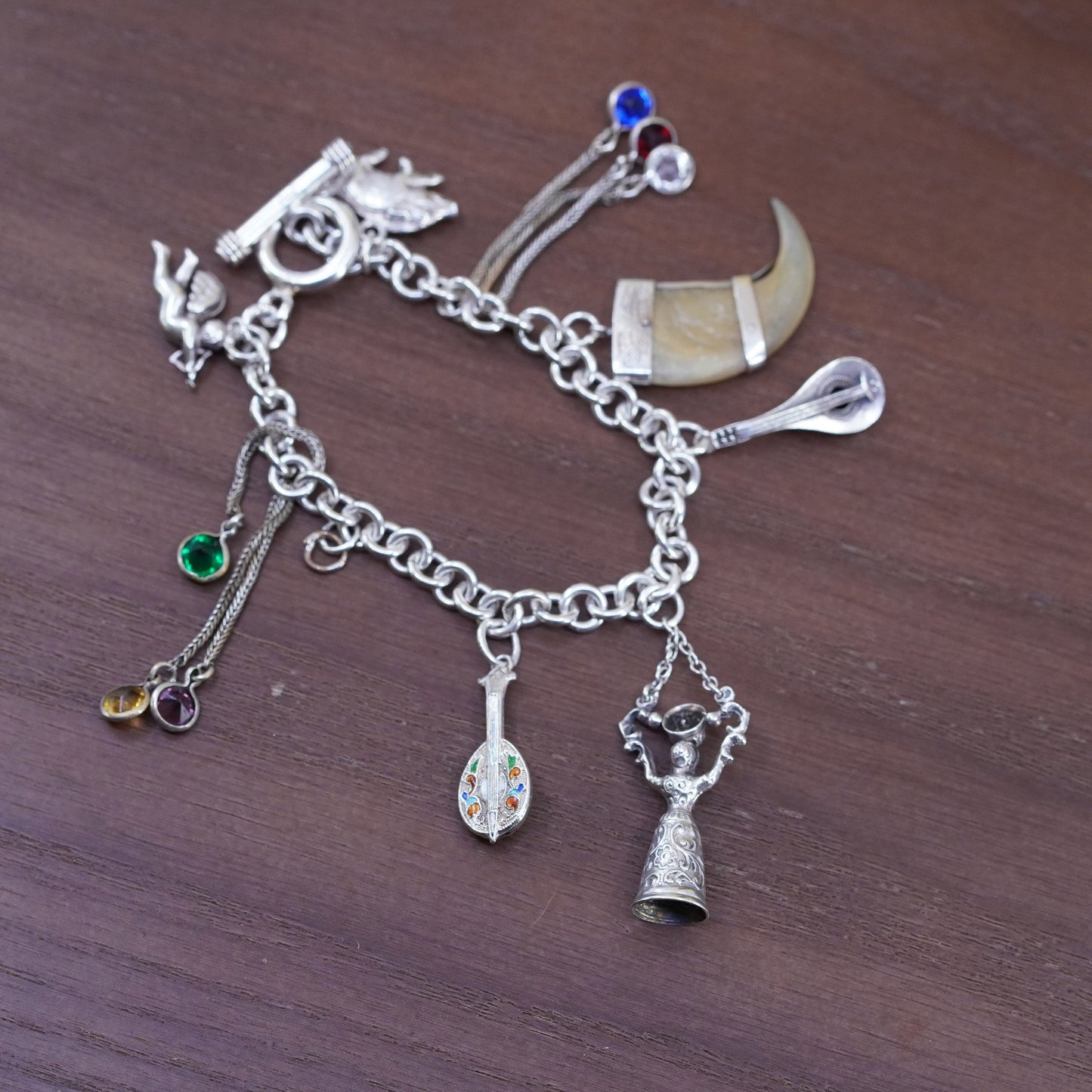 6” Sterling silver handmade bracelet, 925 circle chain with Angel pig 8 charms