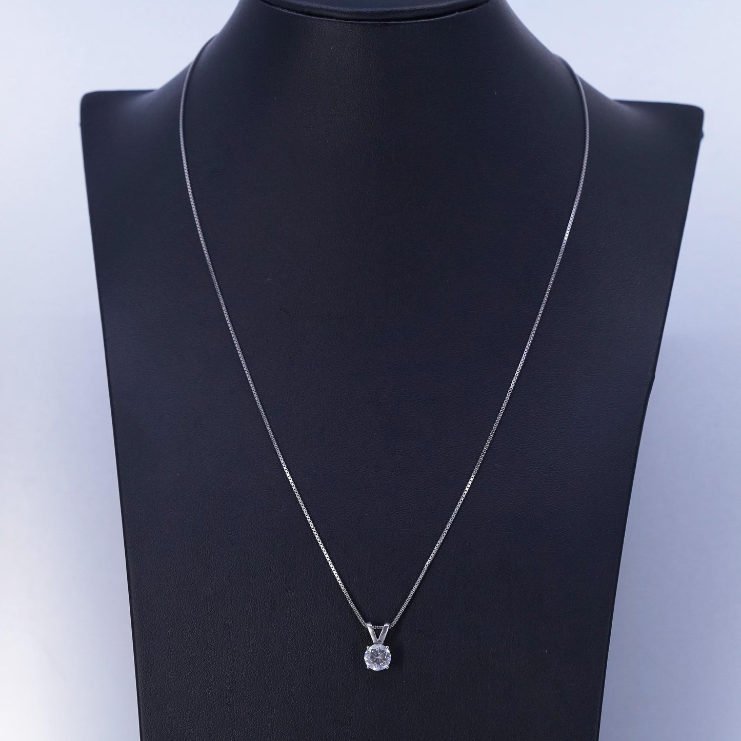 17+2” 1mm, vintage Sterling 925 silver box chain necklace with cz pendant