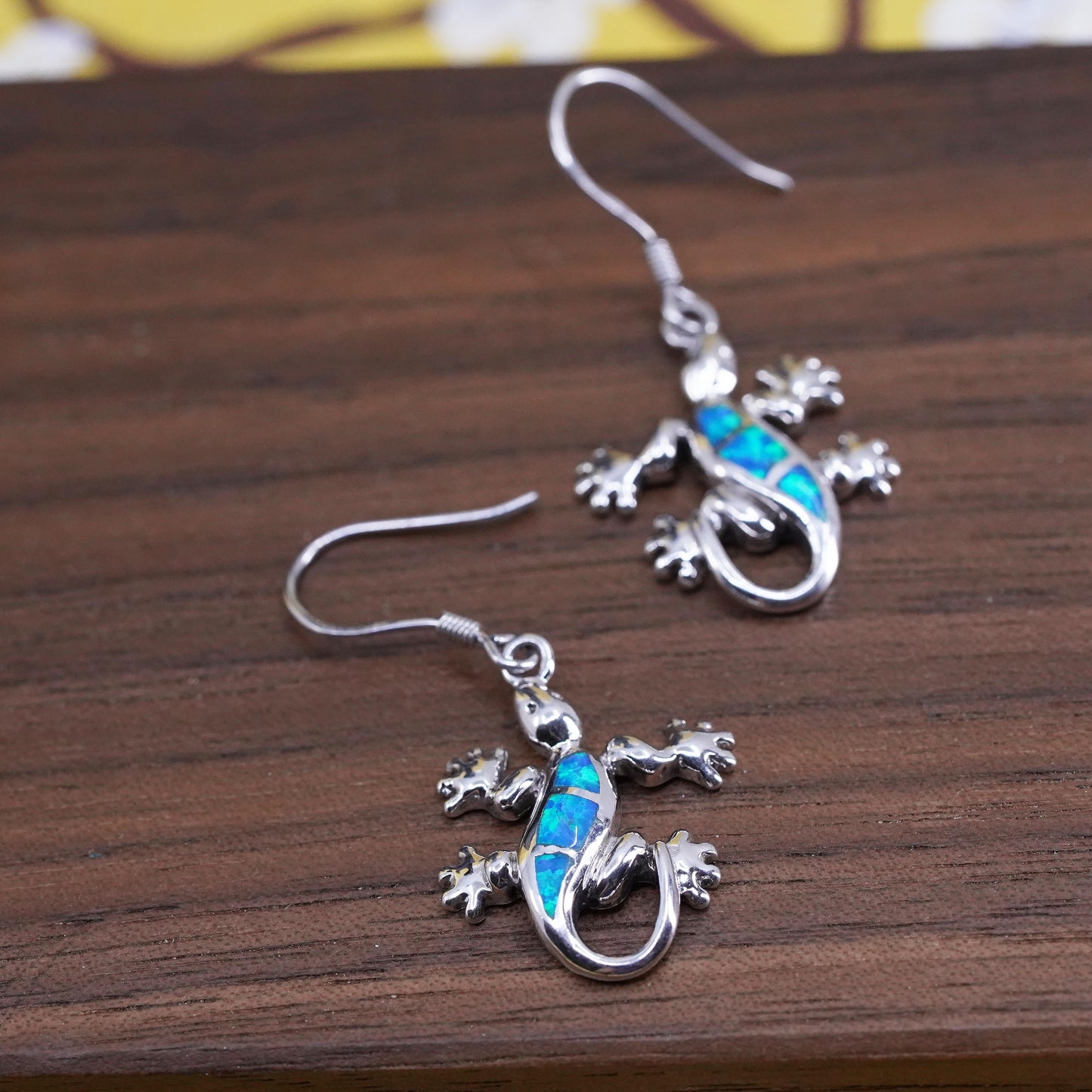 Vintage Sterling silver handmade earrings, 925 lizard with opal inlay