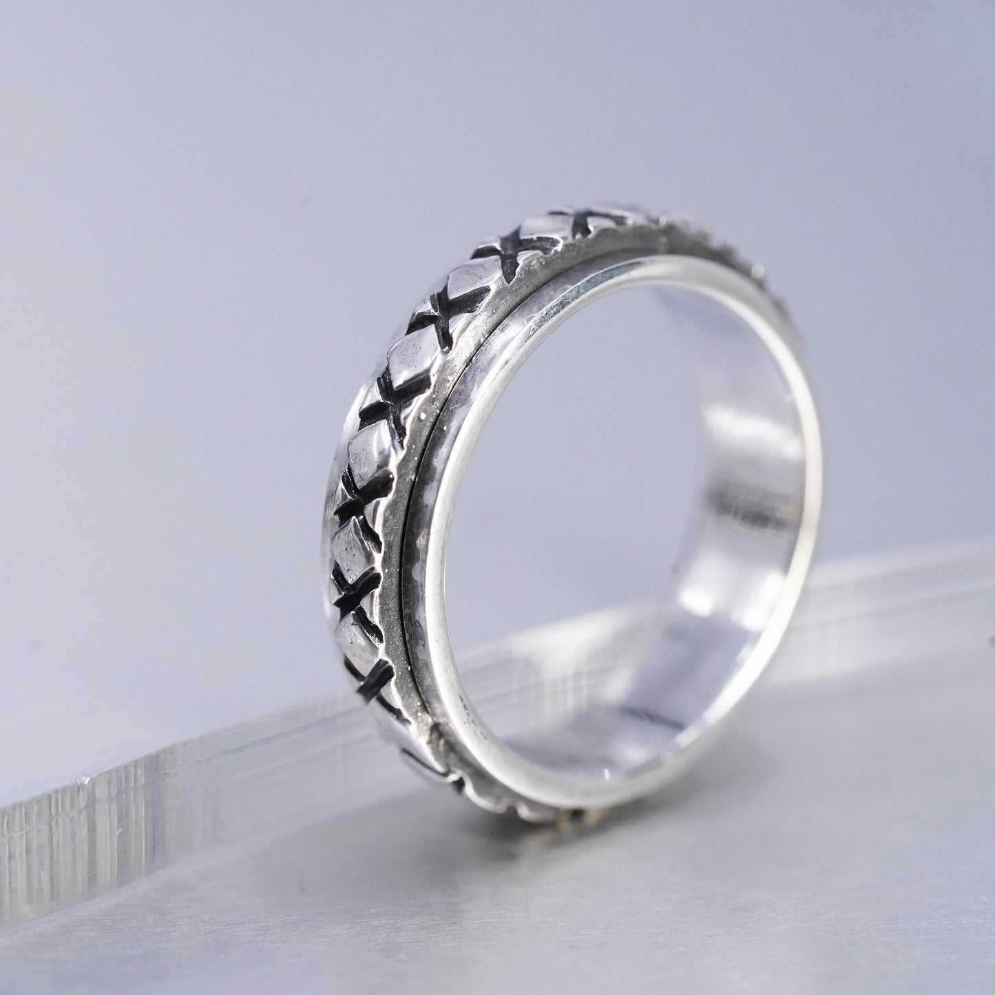 sz 7.75, VTG southwestern Sterling 925 silver ring, braided woven spinner band