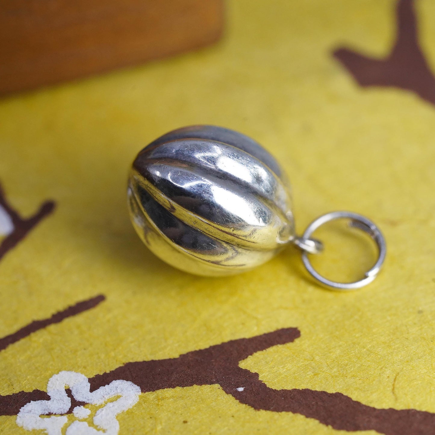 Vintage Sterling silver handmade ribbed ball charm, 925 pendant