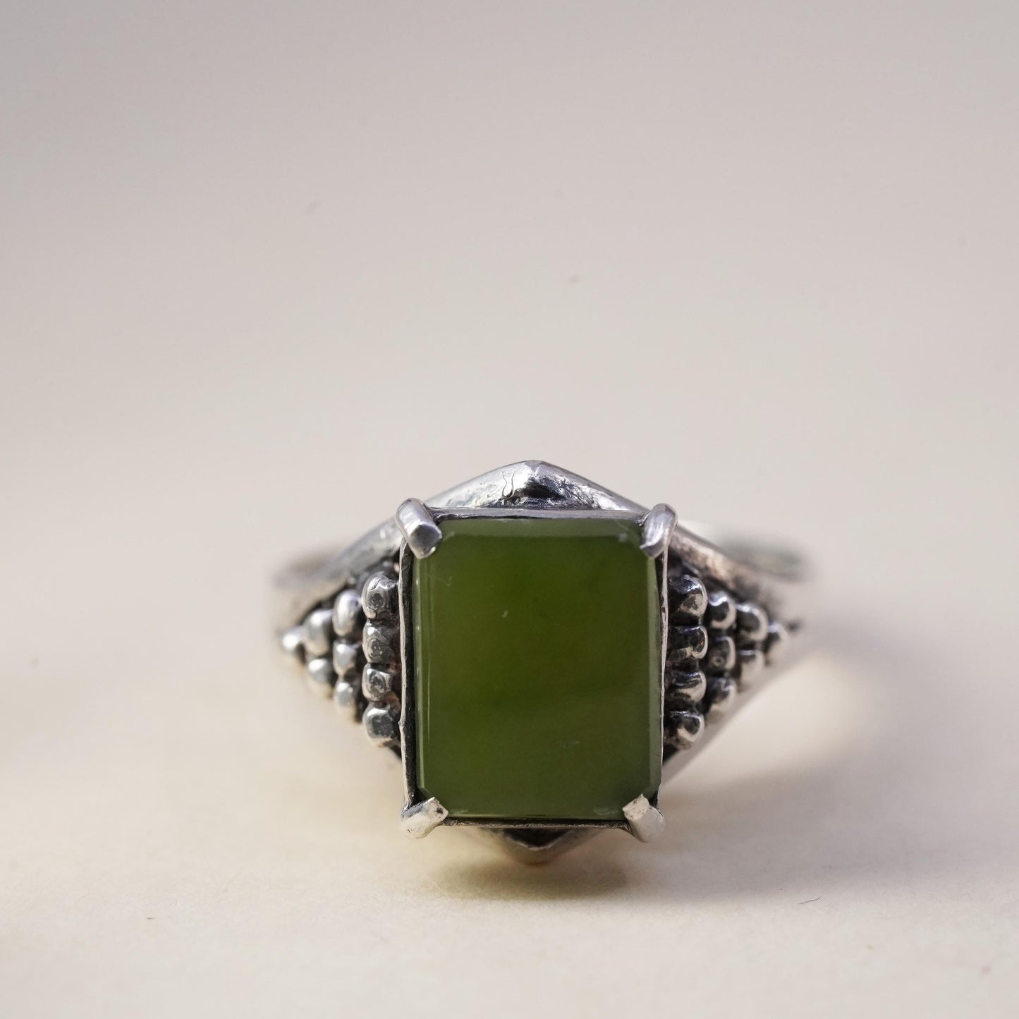 Size 6, Vintage handmade sterling silver statement ring with jade and beads