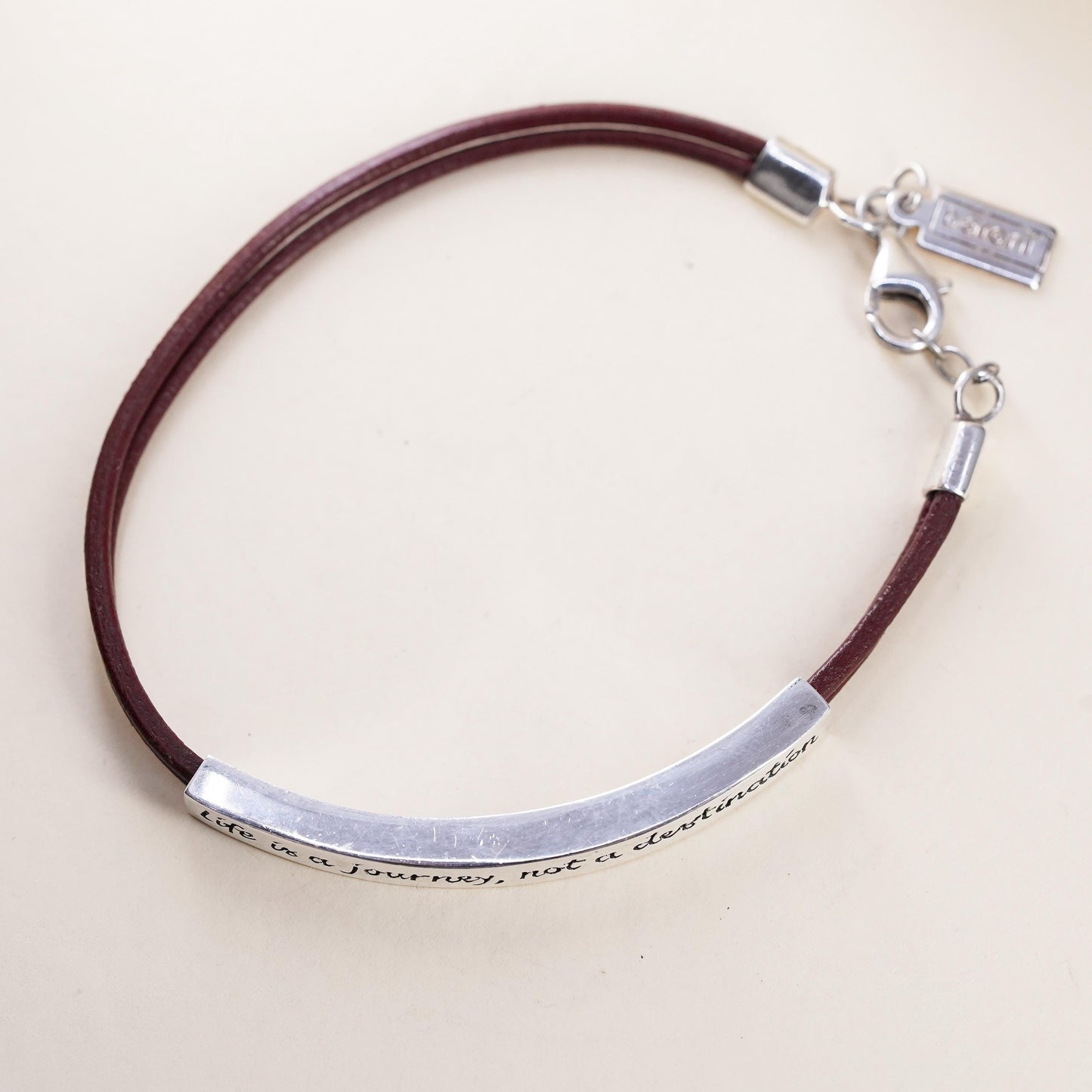 7.5", Vintage Baroni brown leather strap with 925 Sterling silver quote bar
