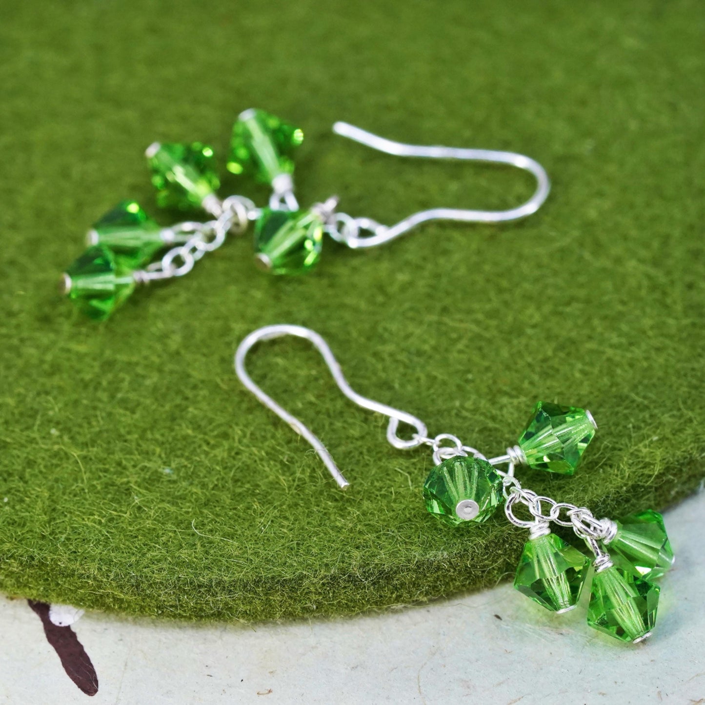 Vintage sterling silver handmade earrings, 925 silver with green crystal drops