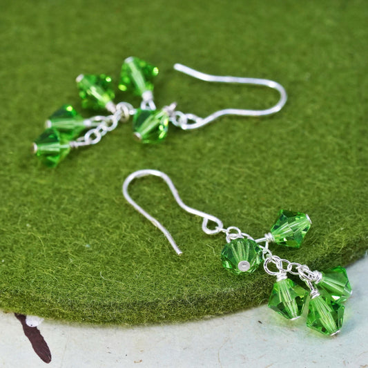 Vintage sterling silver handmade earrings, 925 silver with green crystal drops