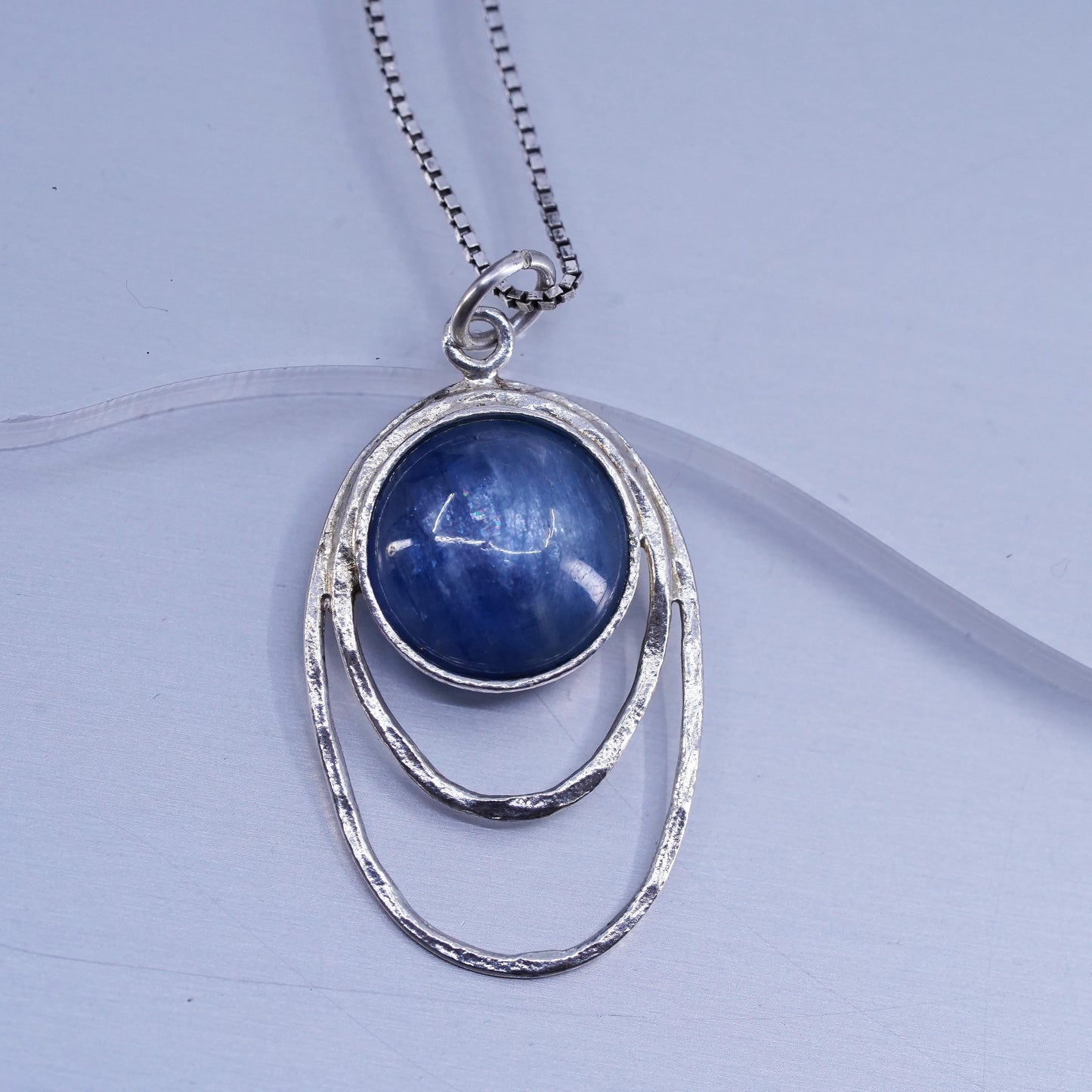 20”, vintage Israel RL Sterling 925 silver box necklace blue crystal pendant