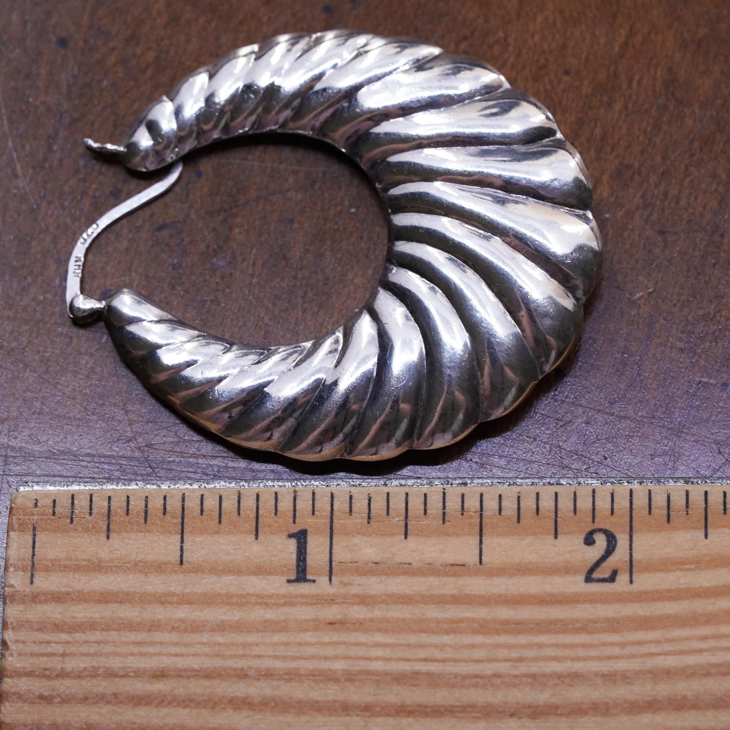 1.75", Vintage sterling silver loop single earring, ribbed primitive hoop
