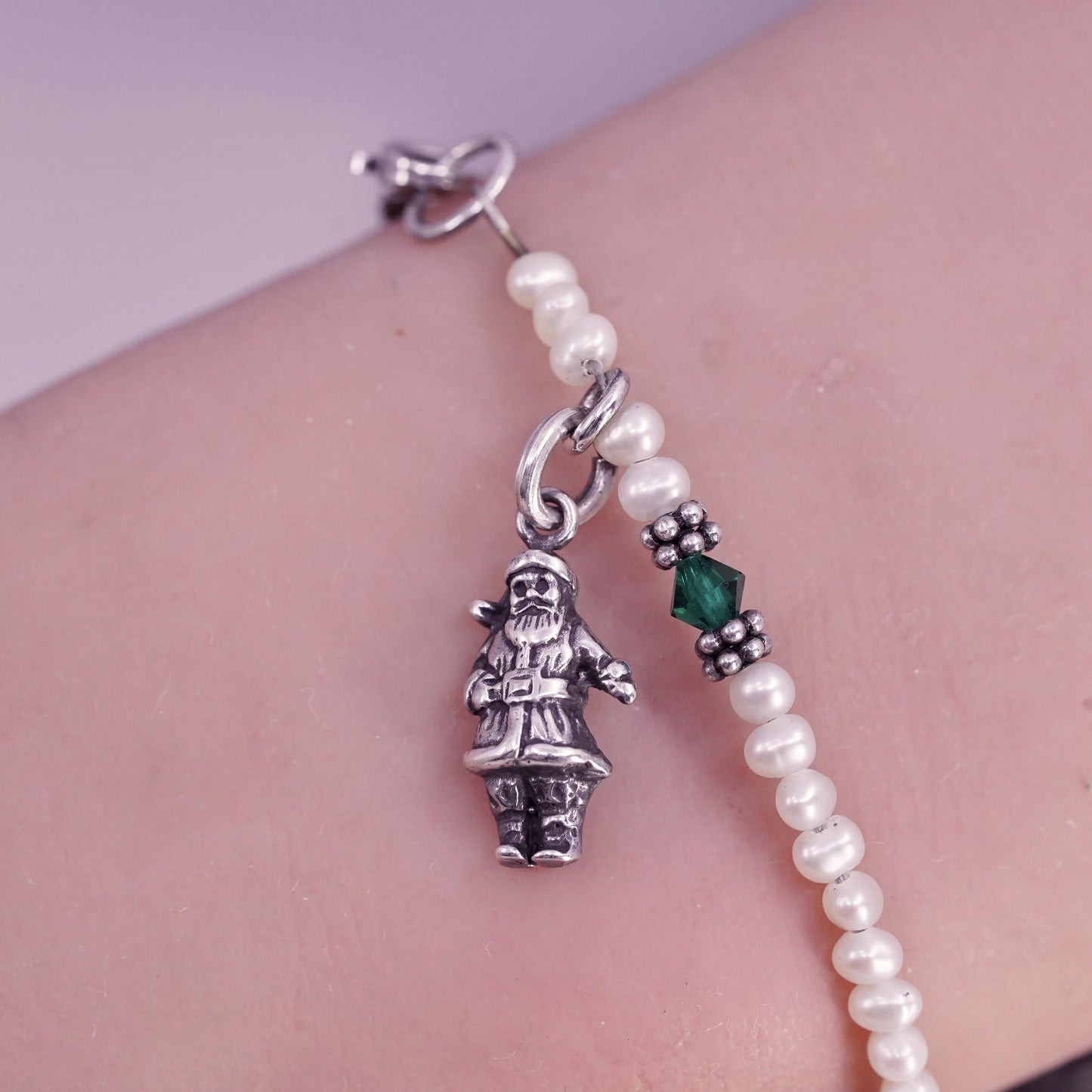 6.25”, vintage Sterling 925 silver bracelet with pearl beads and Santa charm