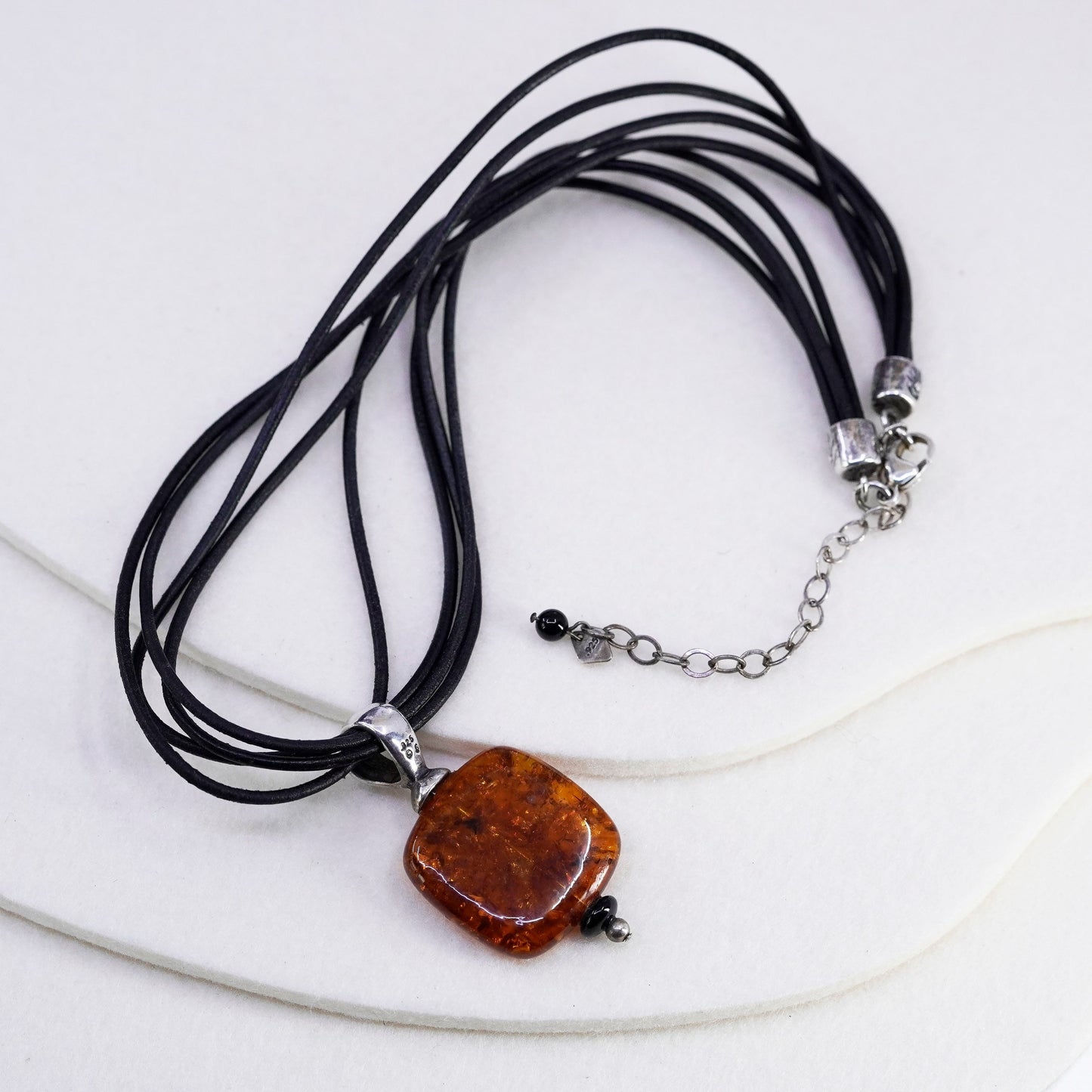 16+3”, Silpada 925 Sterling Silver Amber Pendant Leather Necklace N1285 amber