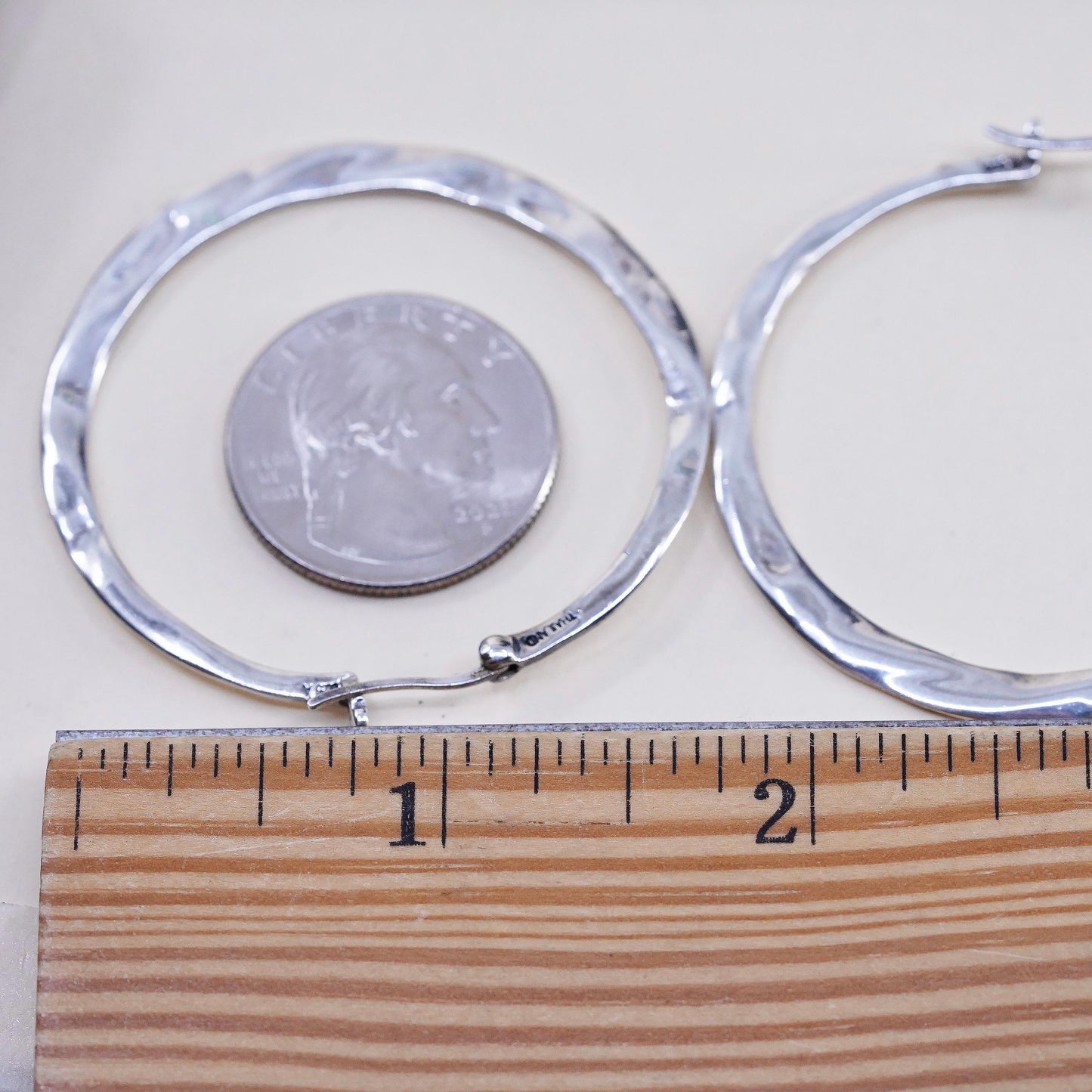 1.75", Vintage Huge 925 sterling silver loop earrings, flatten textured hoops
