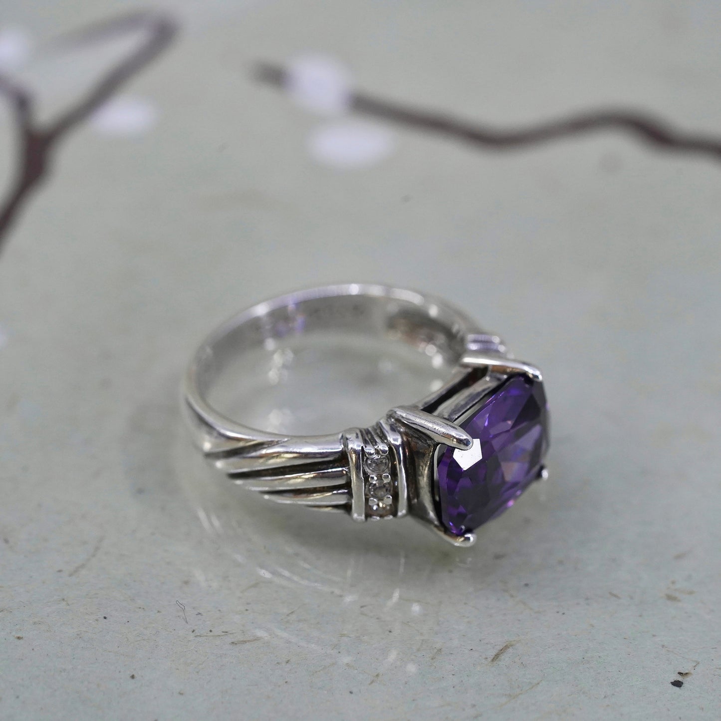 Size 5, vintage Sterling silver handmade ring, 925 with amethyst and Cz around