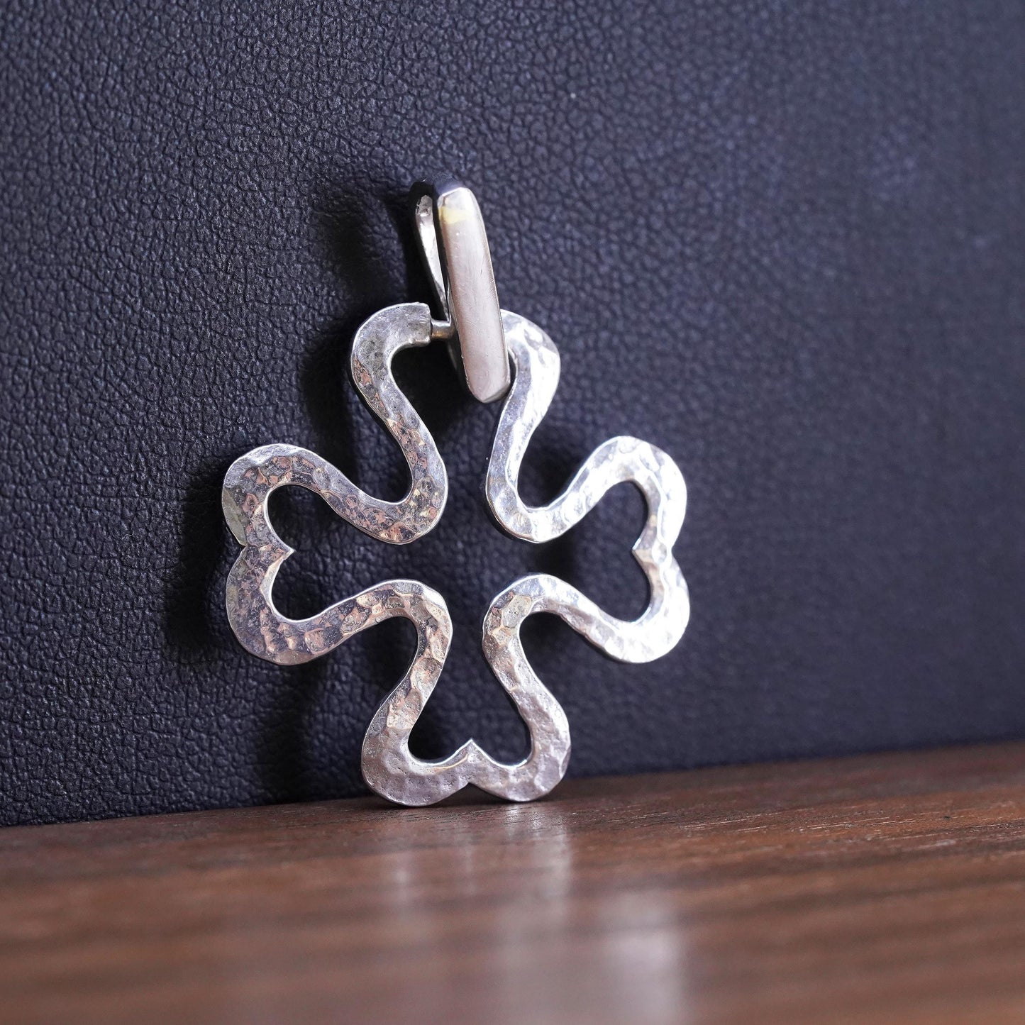 Sterling silver handmade flower pendant, hammered 925 silver lucky clover