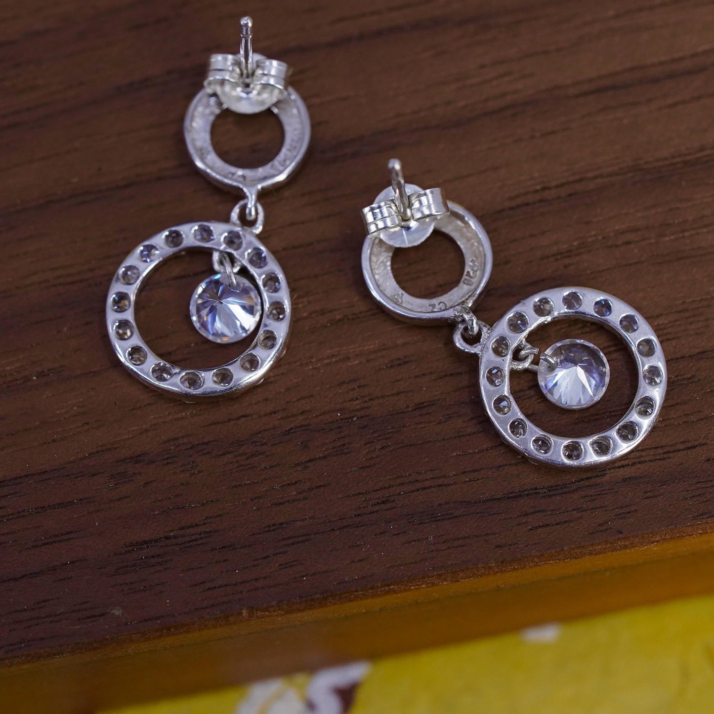 Vintage Elegant Sterling 925 silver earrings with cz circle dangles