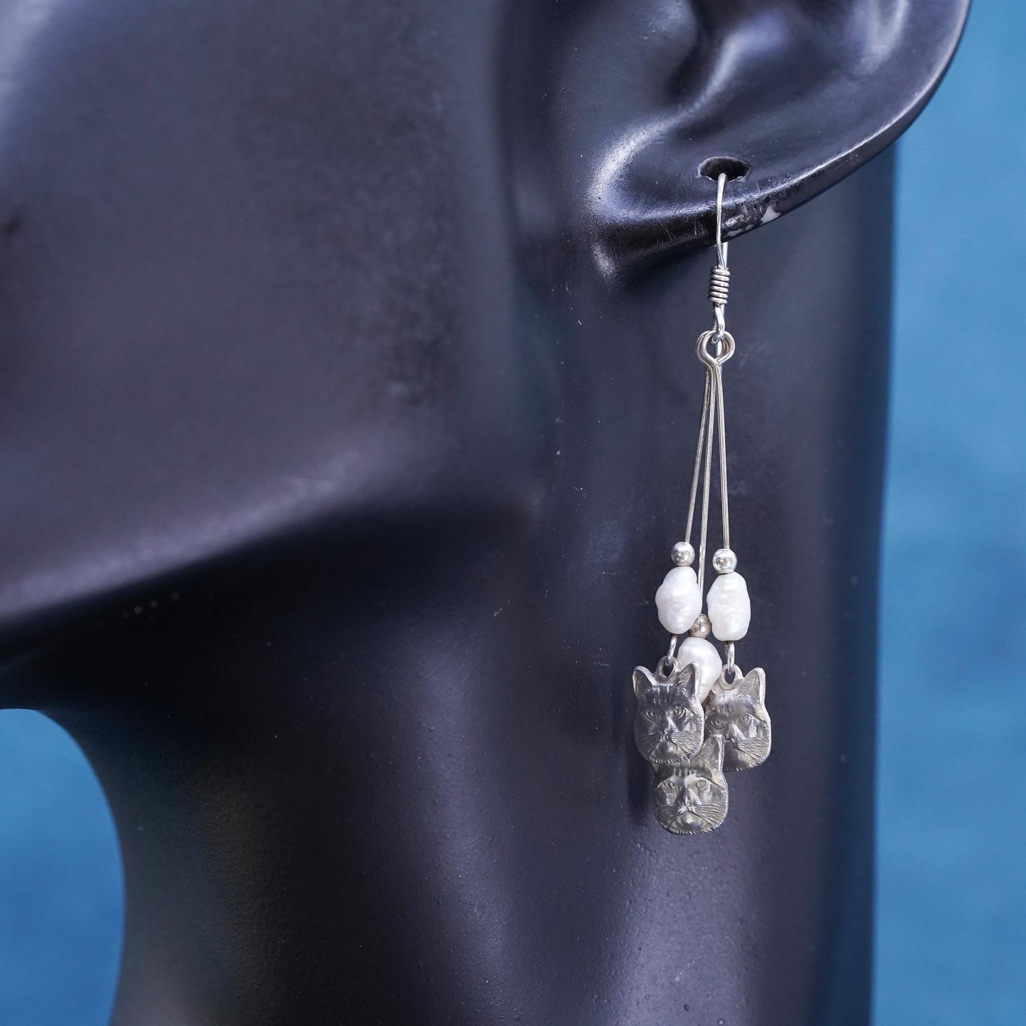 Vintage Meow sterling silver handmade earrings, 925 cat dangles and pearls