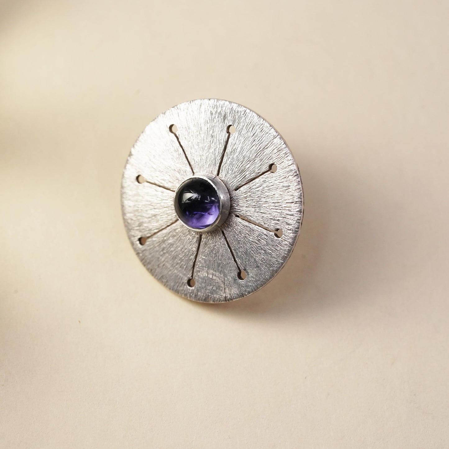Vintage single earring. Sterling 925 silver textured disc stud with amethyst