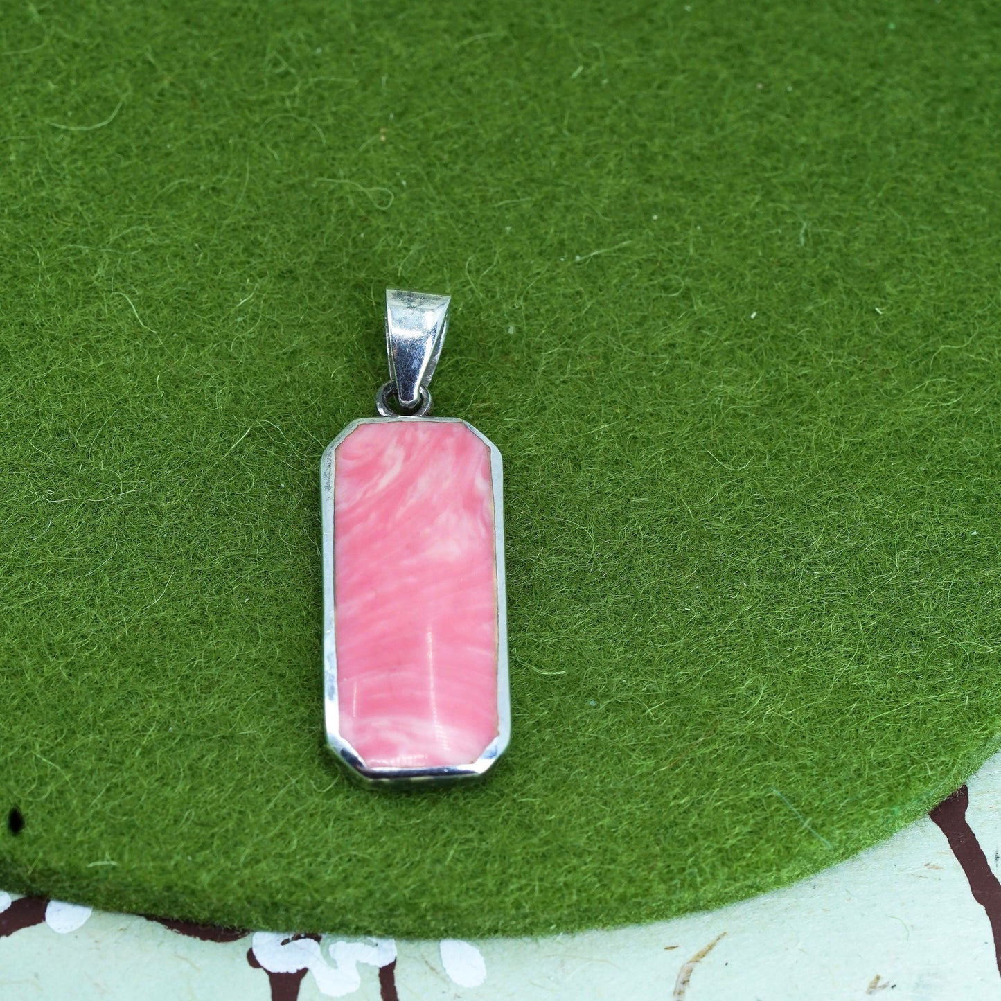 Vintage sterling silver handmade pendant, 925 rectangular charm w/ pink enamel