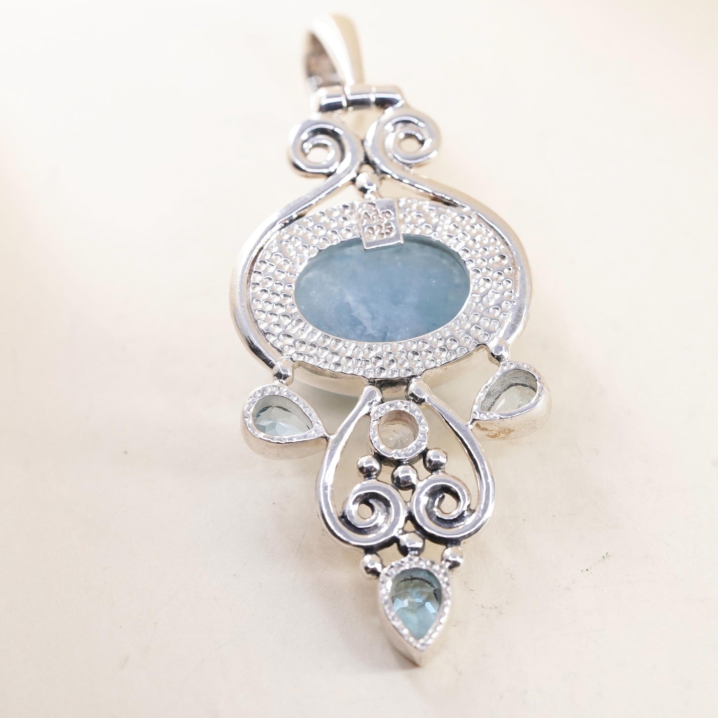 Vintage ARYA Aquamarine Blue Topaz Moonstone Sterling Silver Pendant, Statement Jewelry, Artisan Gemstone, stamped 925 Arya