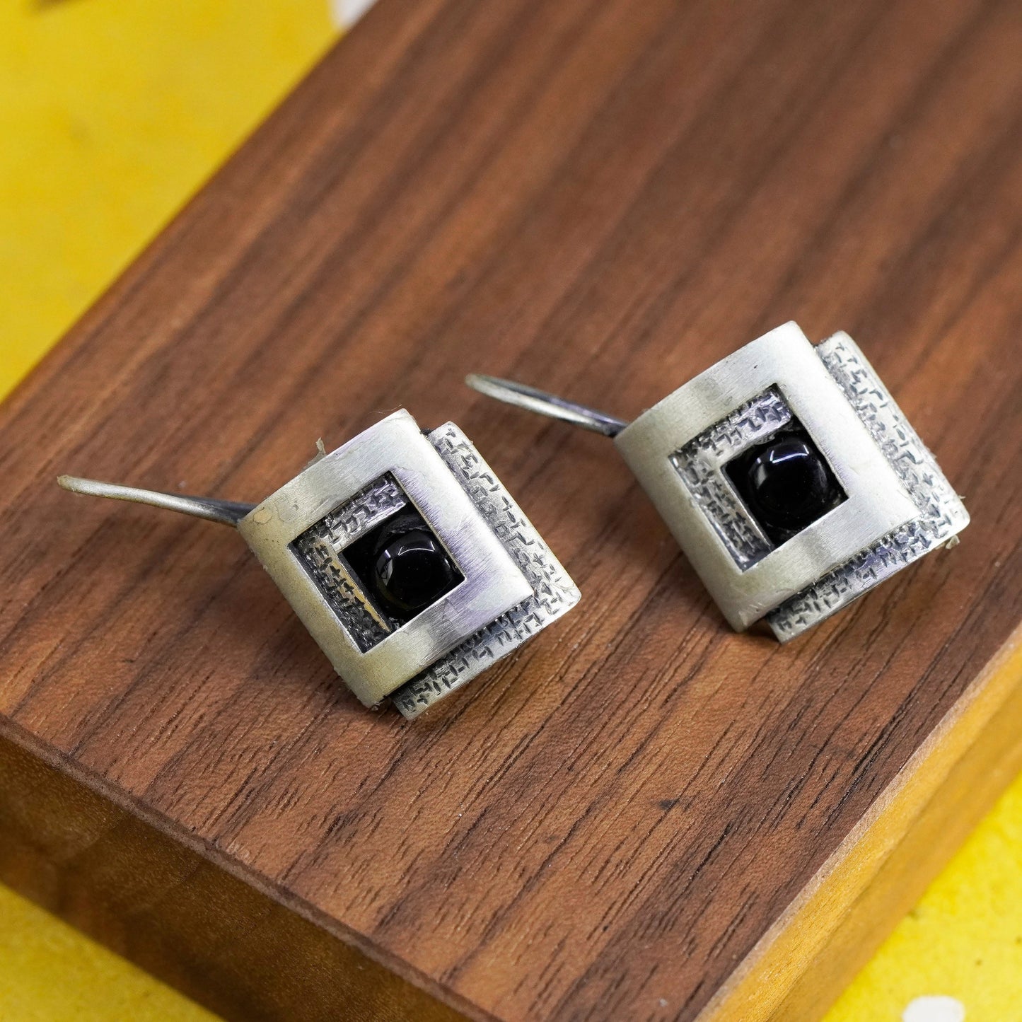 Vintage Sterling 925 silver handmade matte double square earrings with obsidian